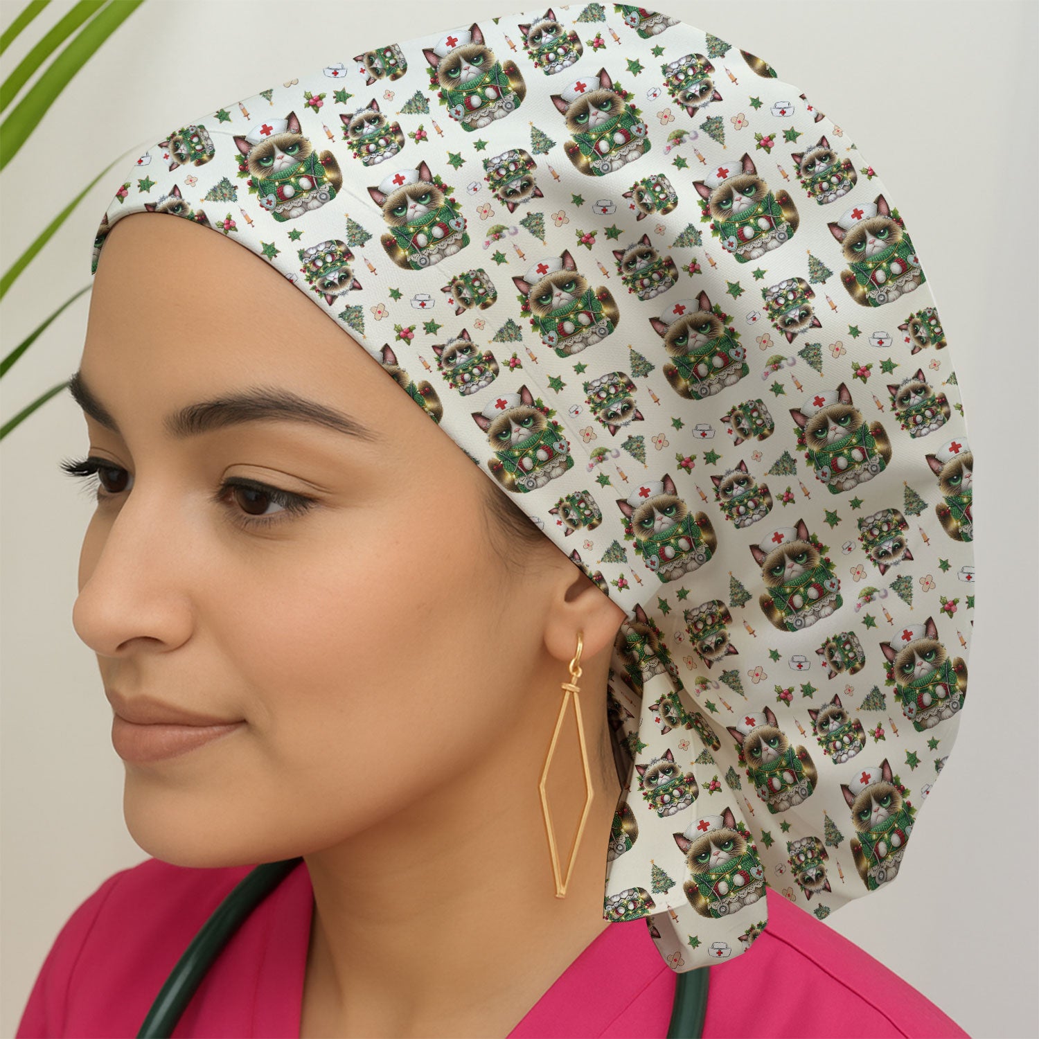 Christmas Cat Bouffant Scrub Caps for Women - Funny Xmas Gift - Breathable Fabrics Caps Uniform