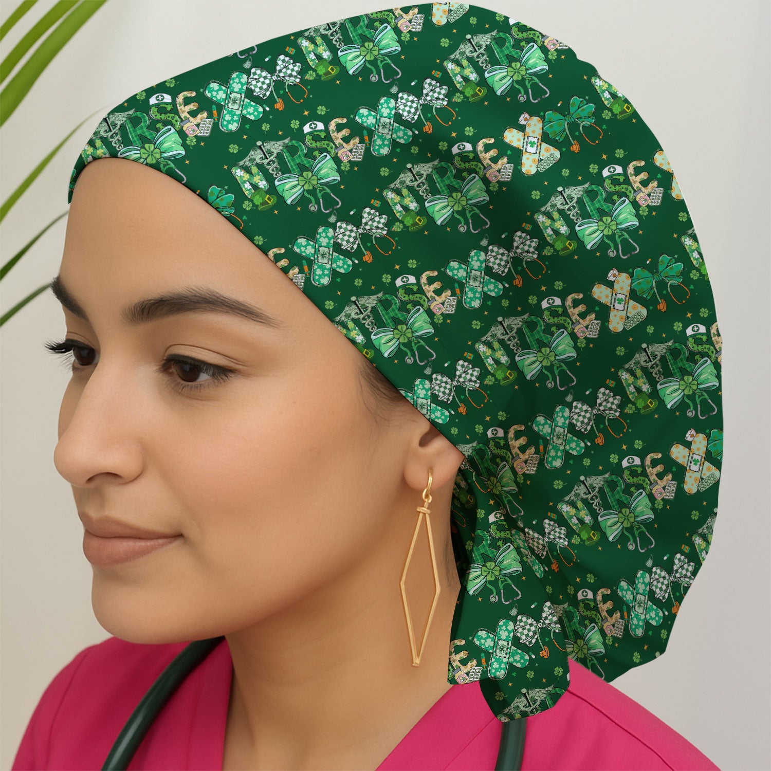 St. Patrick’s Nurse Scrub Cap, Lucky Clover And Green Bow Pattern Nurse Hat, Breathable Fabrics Nursing Uniform