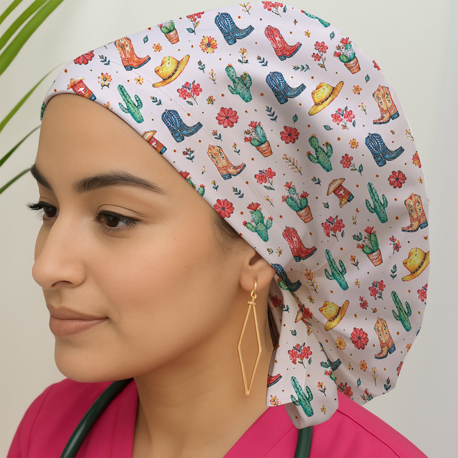 Whimsical Western Cactus Boots Pattern Cap, Bouffant Scrub Caps for Women