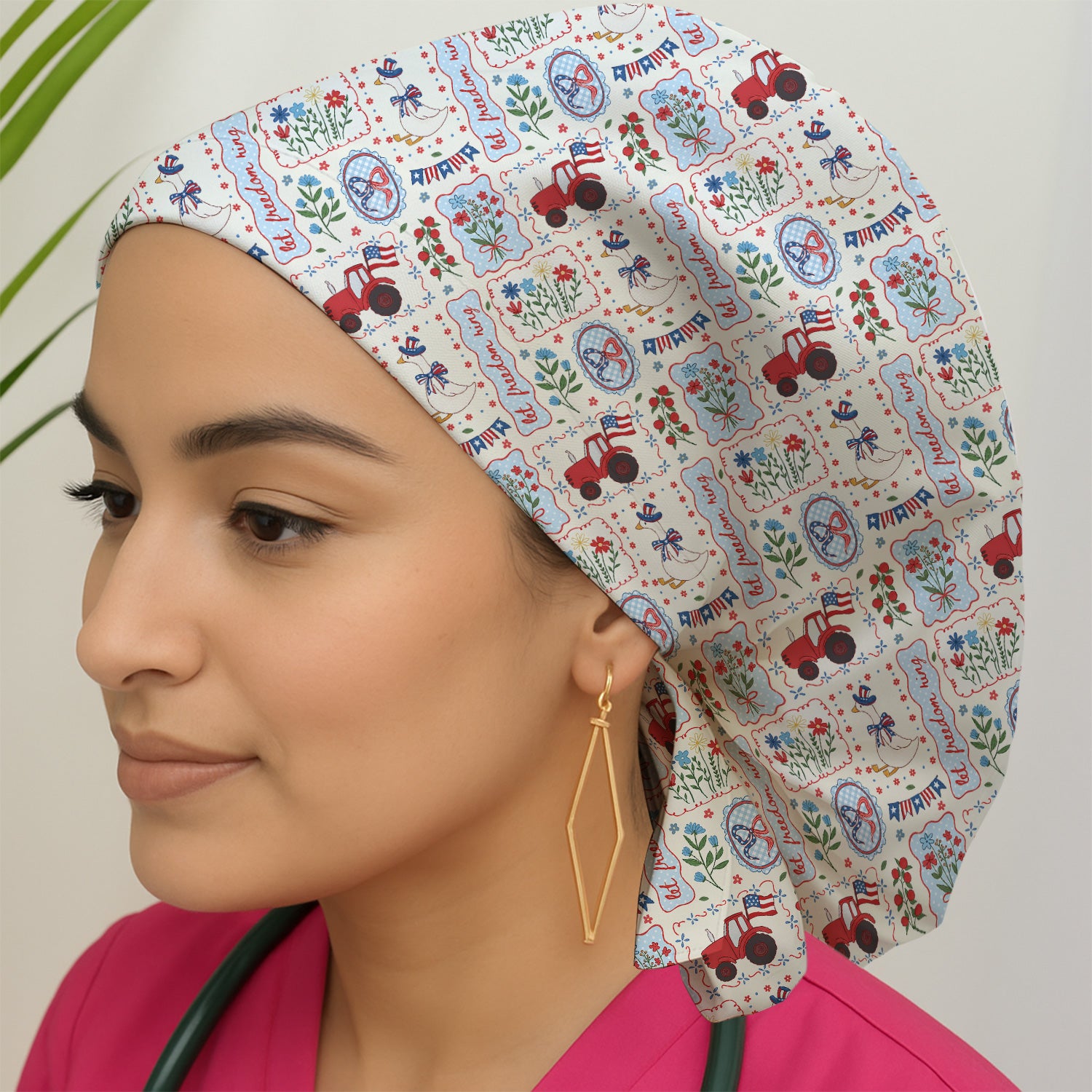 Patriotic Farm Goose Nurse Scrub Top for RN, CNA, Healthcare Workers, Americana Uniform Scrub Cap, Surgical Caps for Doctors