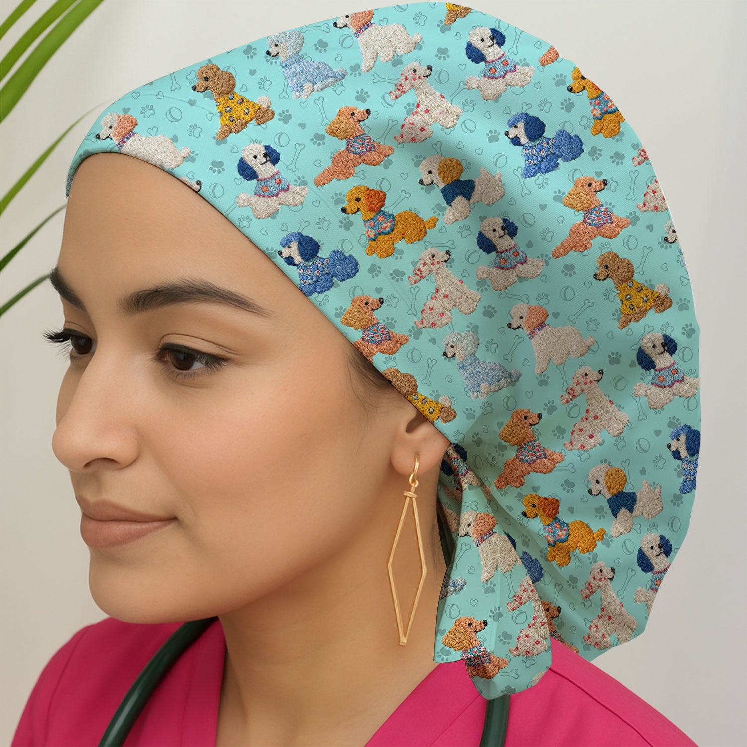 Cute Colorful Poodle Pattern Scrub Cap, Breathable Fabrics Caps Uniform