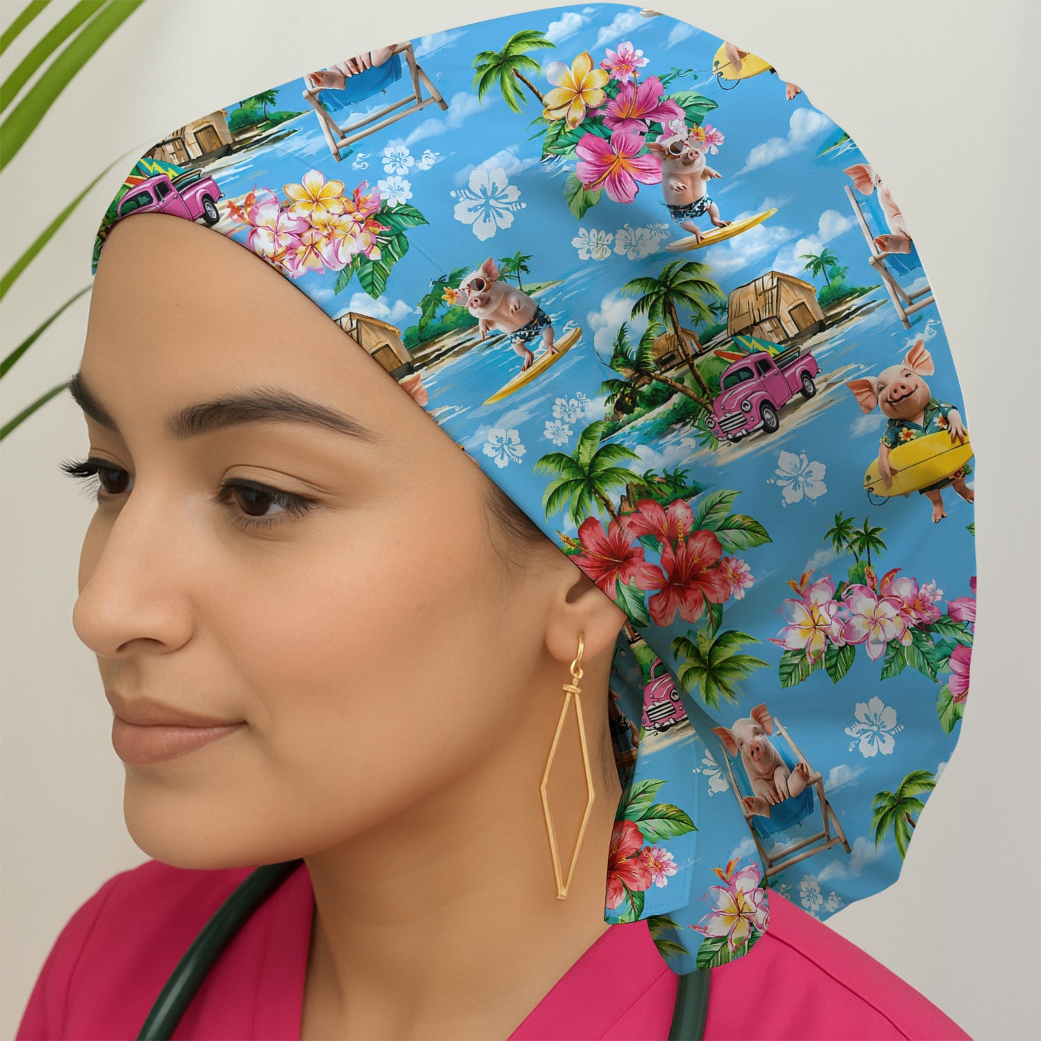 Tropical Surfing Pig Beach Pattern Scrub Cap, Surgical Caps for Doctors