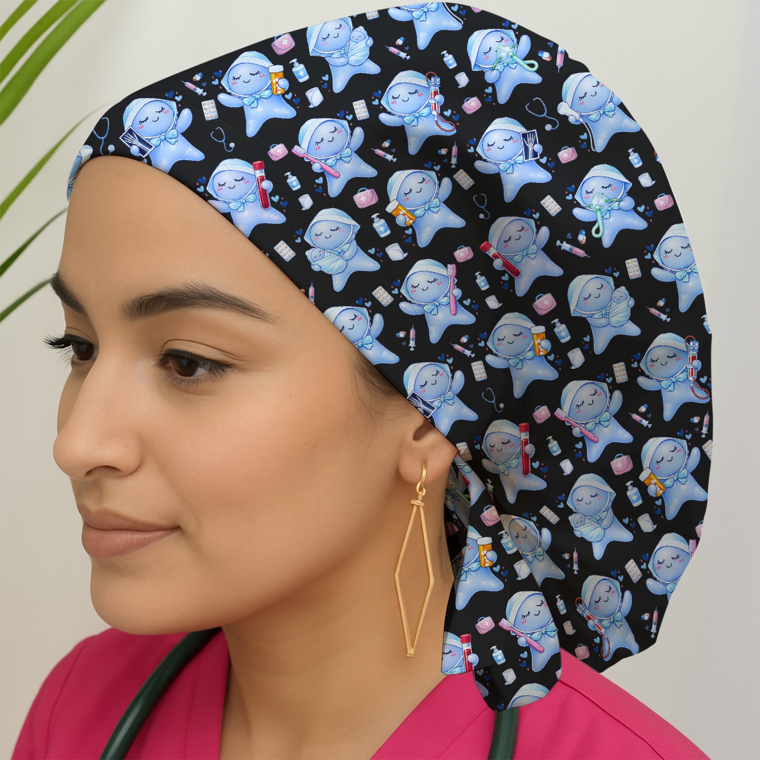 Cute Tooth Character Dental Tools Caring Pattern Scrub Cap, Surgical Caps for Doctors
