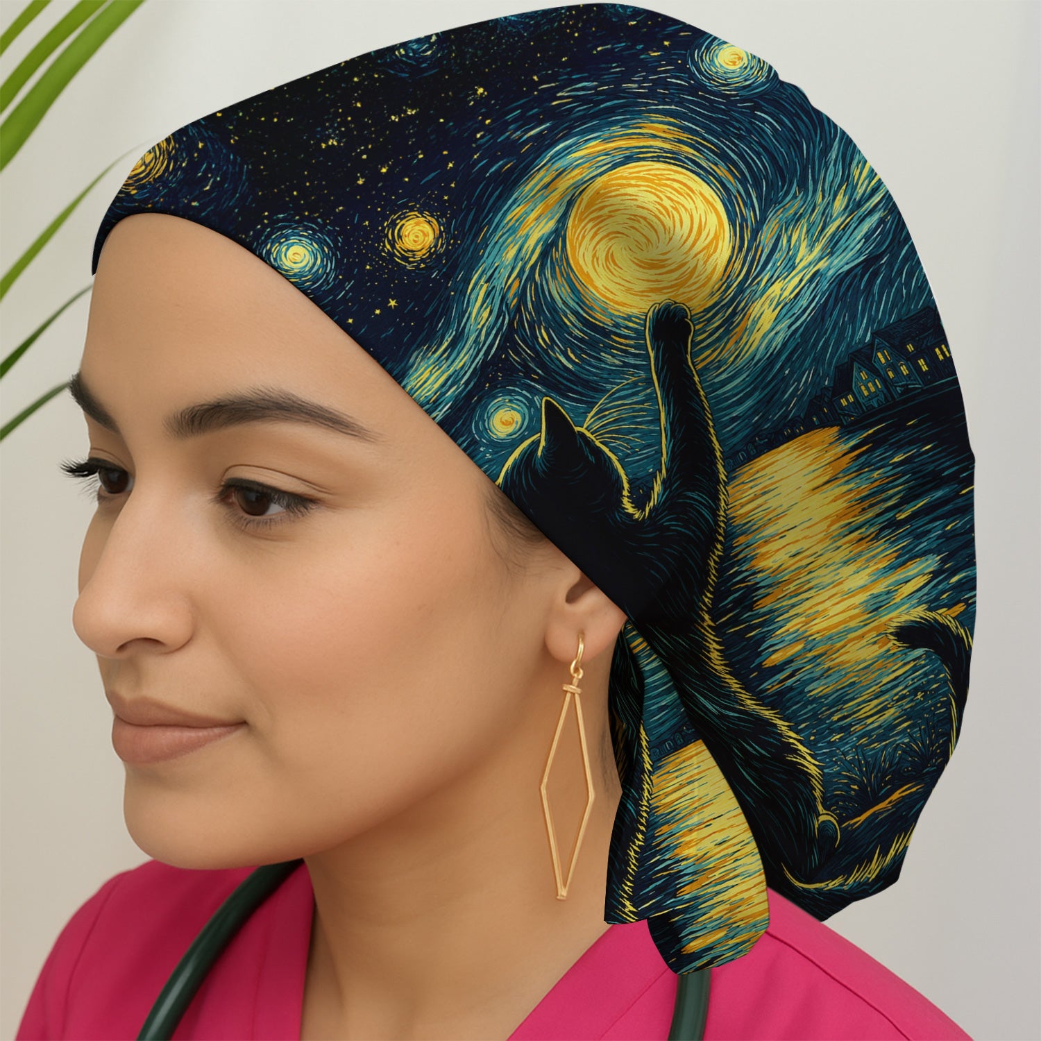 Starry Moonlit Black Cat Scrub Cap, Surgical Caps for Doctors