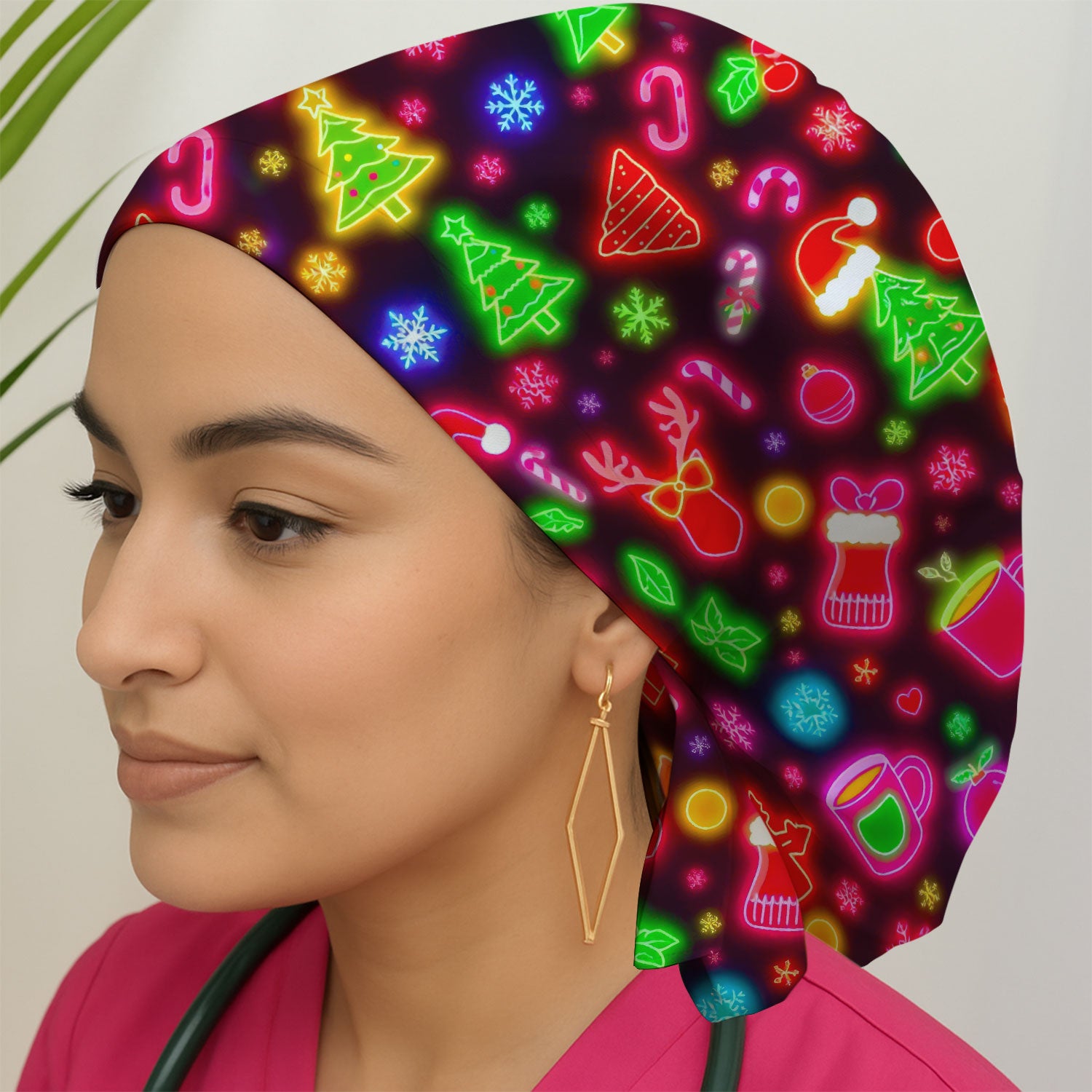 Reindeer Neon Xmas Scrub Cap, Christmas Pattern Scrub Hat,  Breathable Fabrics Nursing Uniform