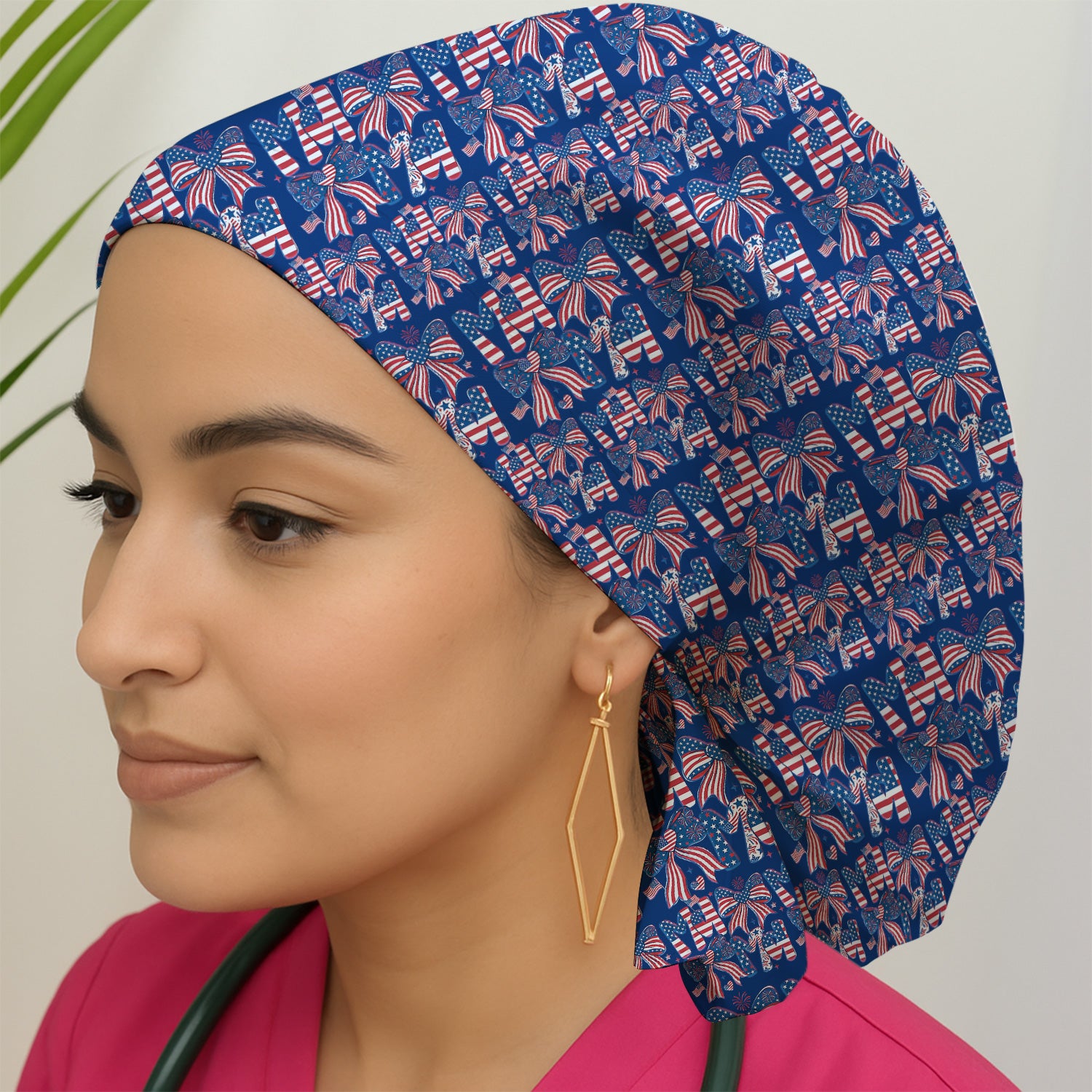 American Flag MaMa Bow Pattern Scrub Cap, Surgical Caps for Doctors