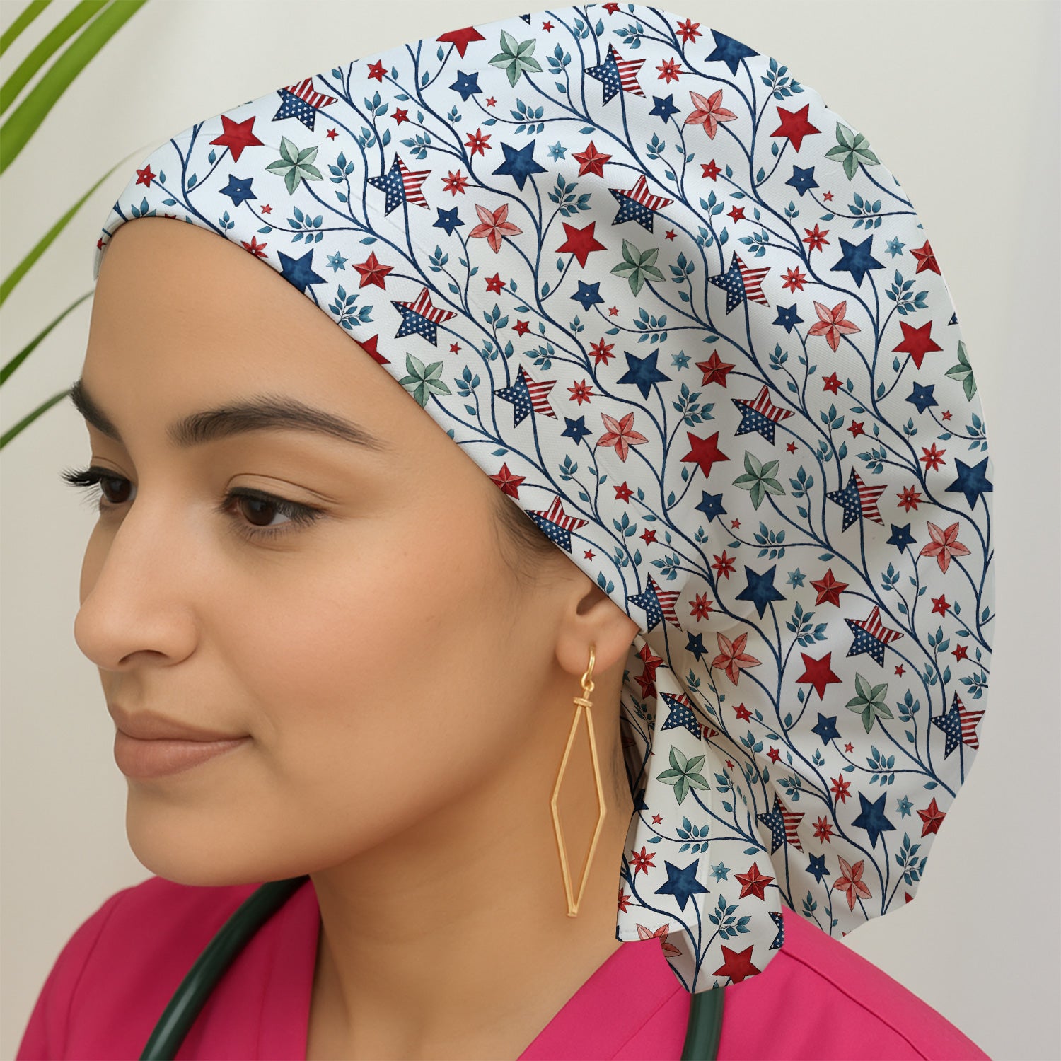 Patriotic Star Vine Floral Print Scrub Cap, Surgical Caps for Doctors