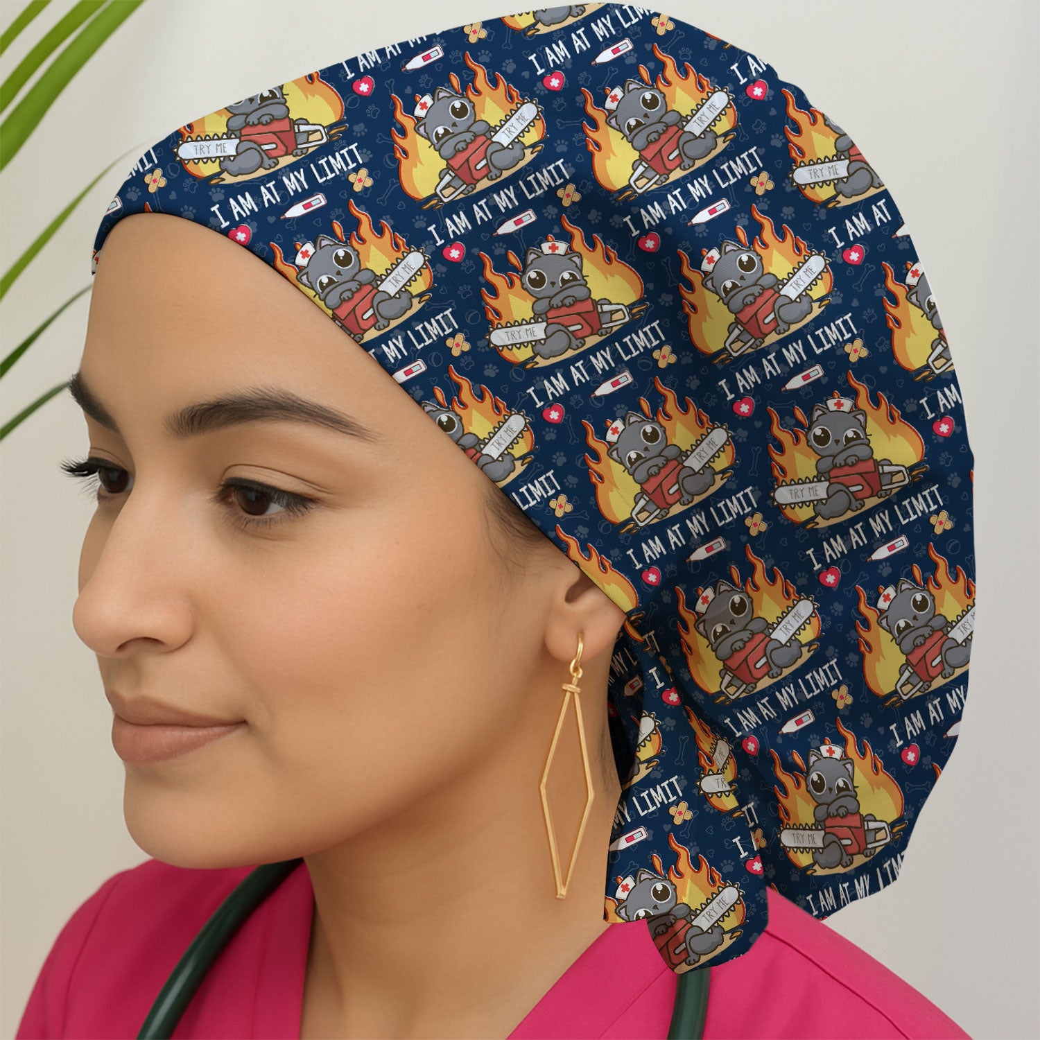 Funny Nurse Cat I Am At My Limit Cap, Bouffant Scrub Caps for Women