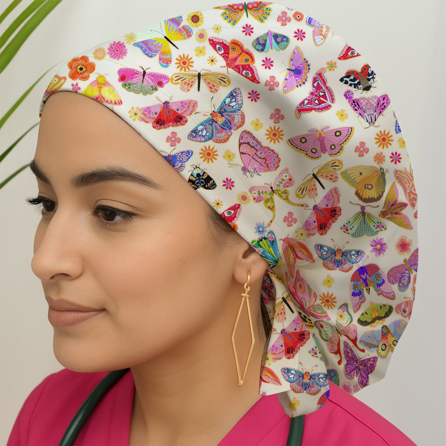 Colorful Butterfly Floral Pattern Scrub Cap, Bouffant Scrub Caps for Women