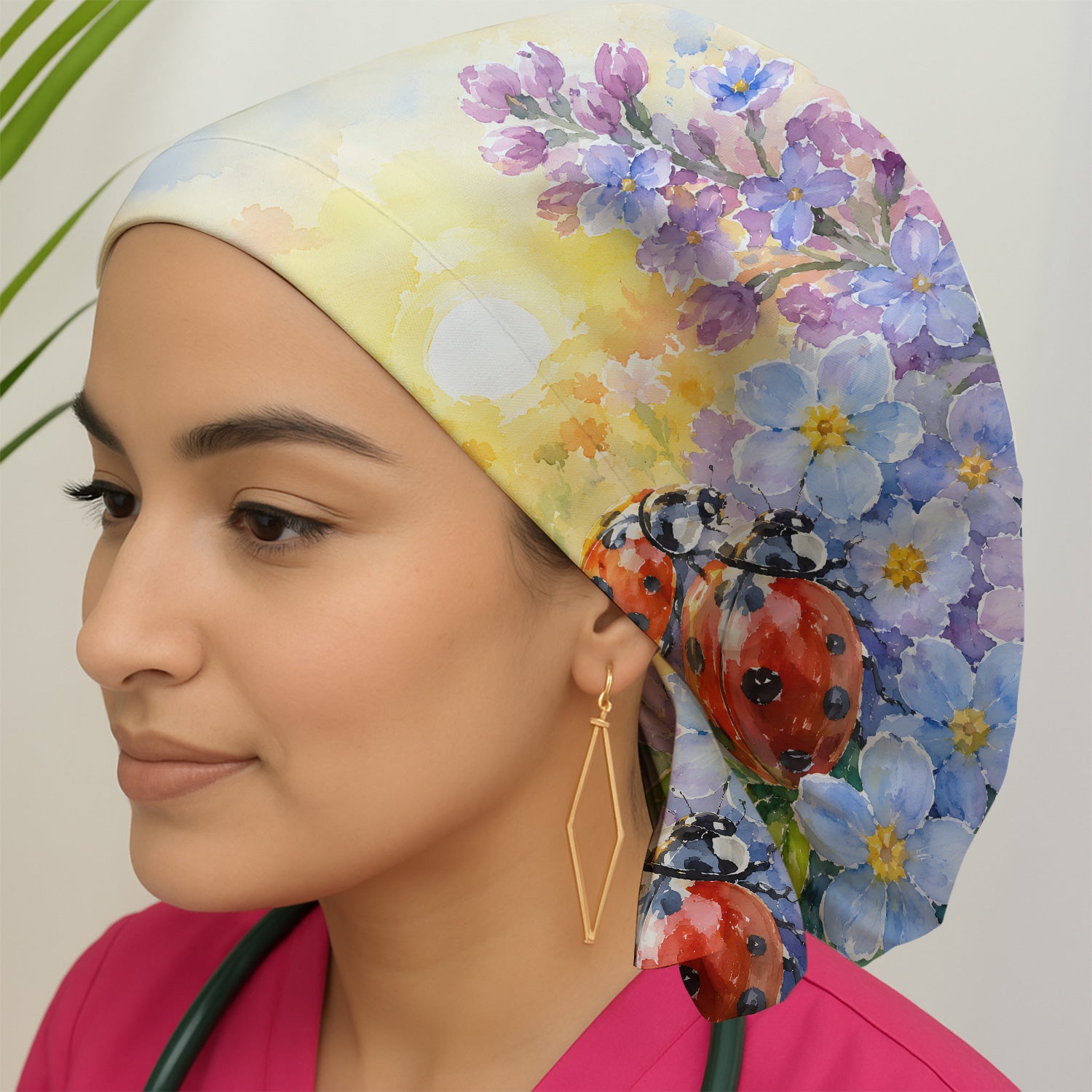 Ladybug Spring Flower Garden Print Scrub Cap, Surgical Caps for Doctors