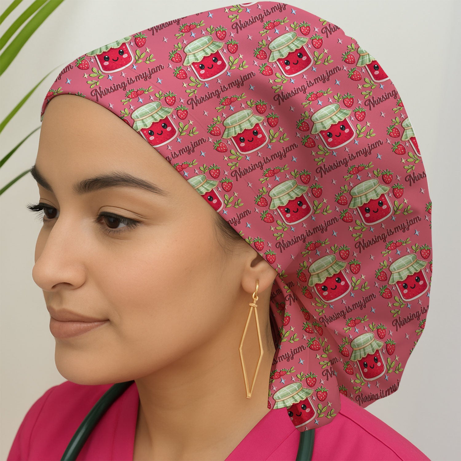 Cute Strawberry Jam Nurse Pattern Cap, Breathable Fabrics Caps Uniform