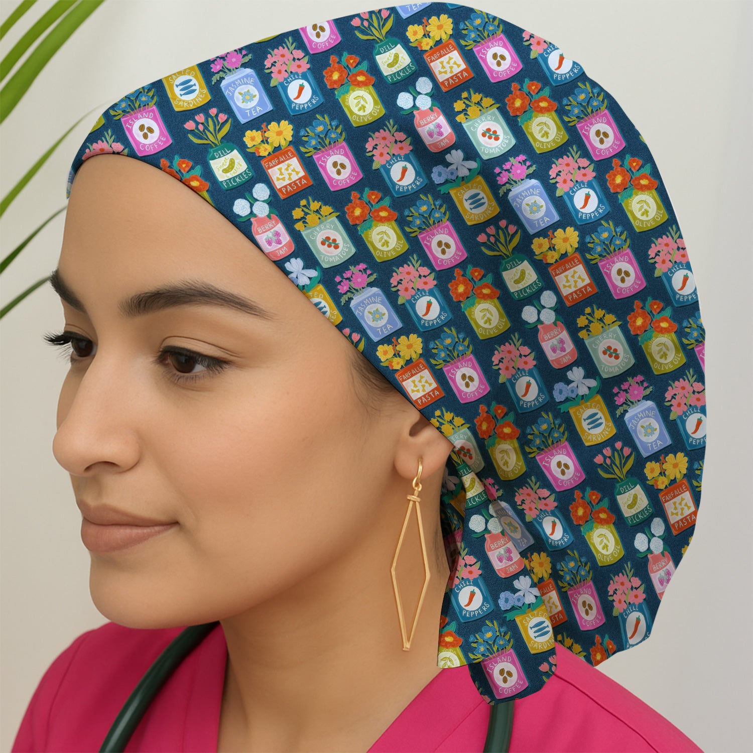 Colorful Pantry Jars Flowers Pattern Caps, Bouffant Scrub Caps for Women