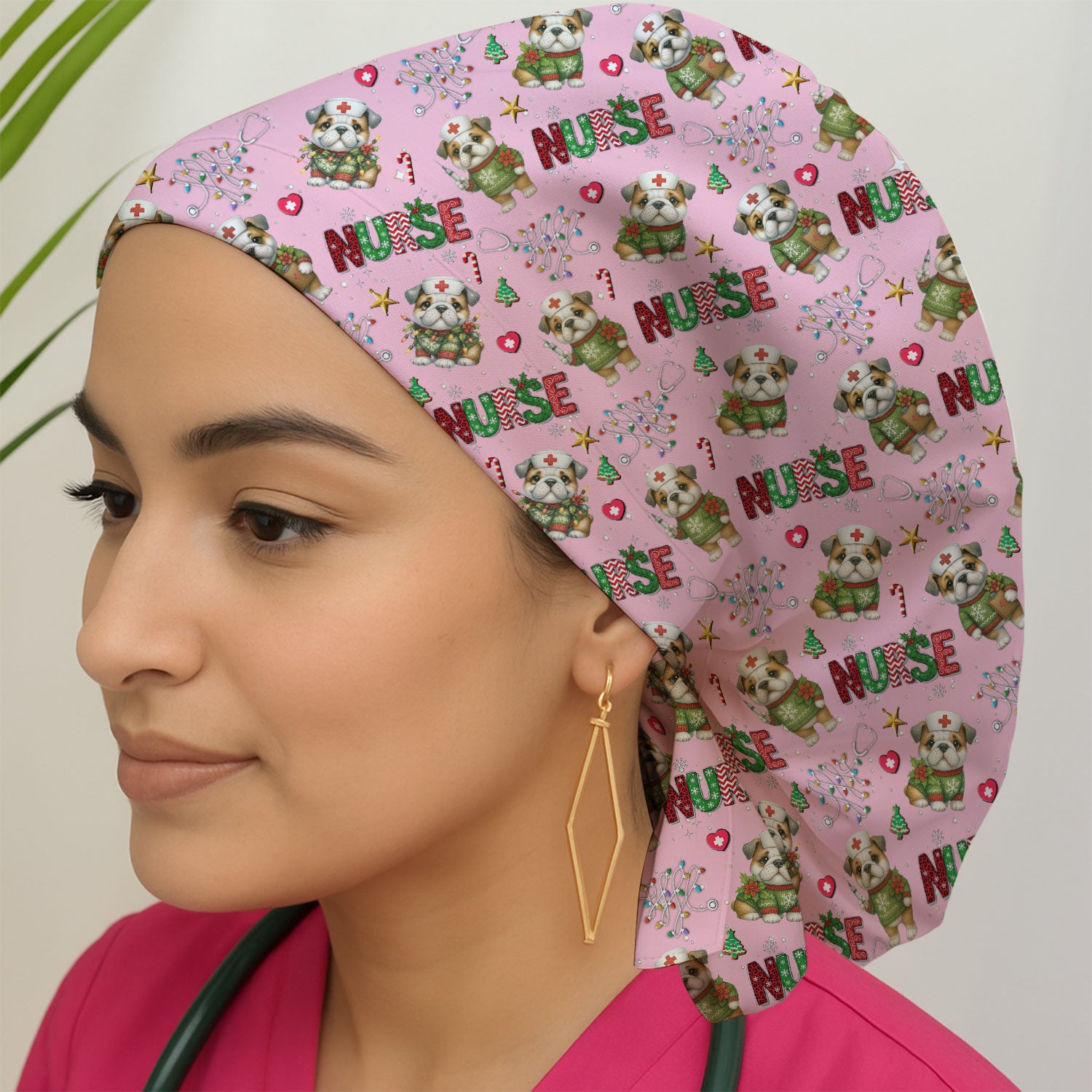 Bulldog Bouffant Scrub Caps for Women - Puppy Lover Gift - Breathable Fabrics Caps Uniform