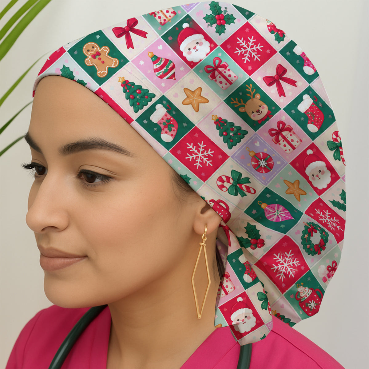 Cute Christmas Santa Patchwork Scrub Cap, Surgical Caps for Doctors