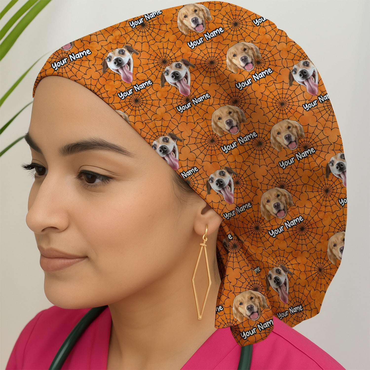 Personalized Halloween Dog Photo Spiderweb Scrub Cap, Surgical Caps for Doctors