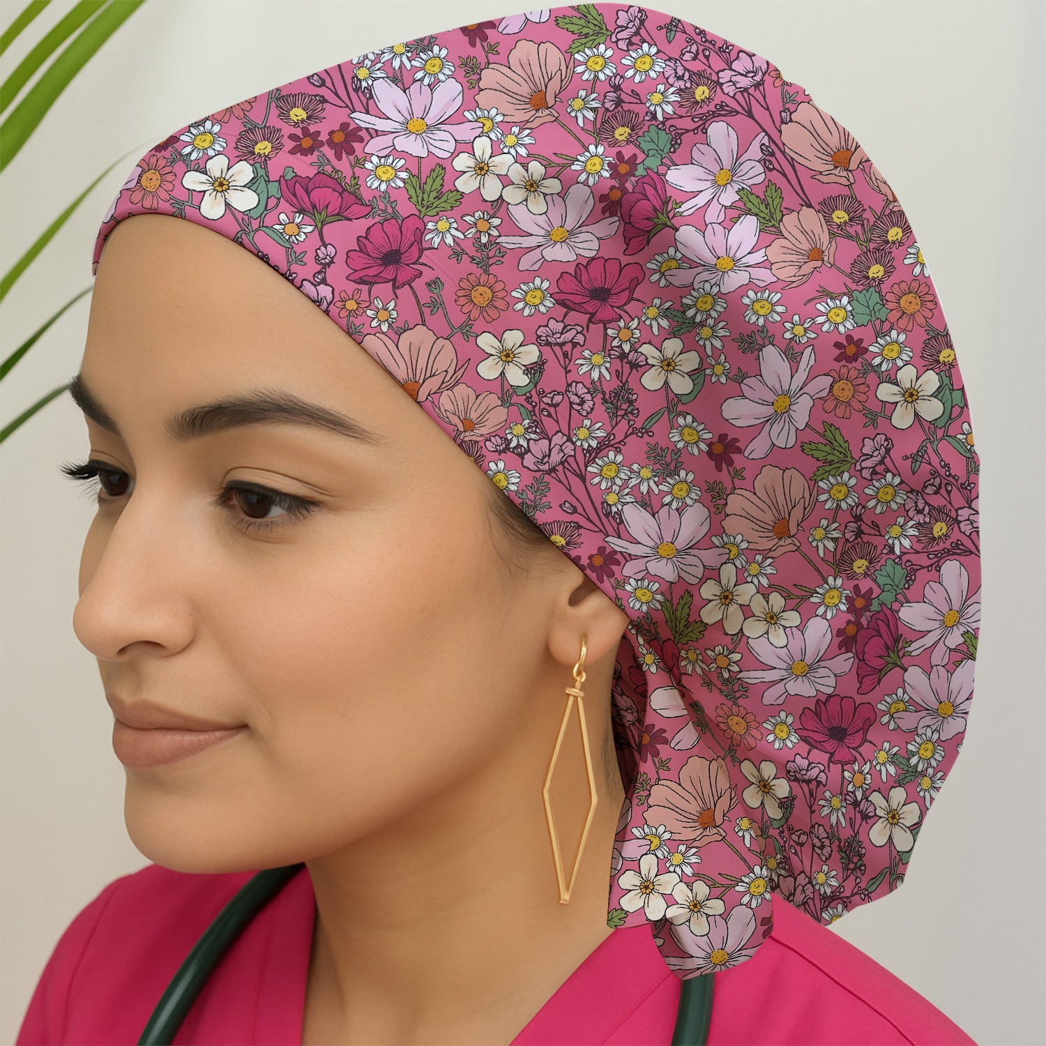 Pink Daisy Wildflower Nurse Pattern Scrub Cap, Surgical Caps for Doctors