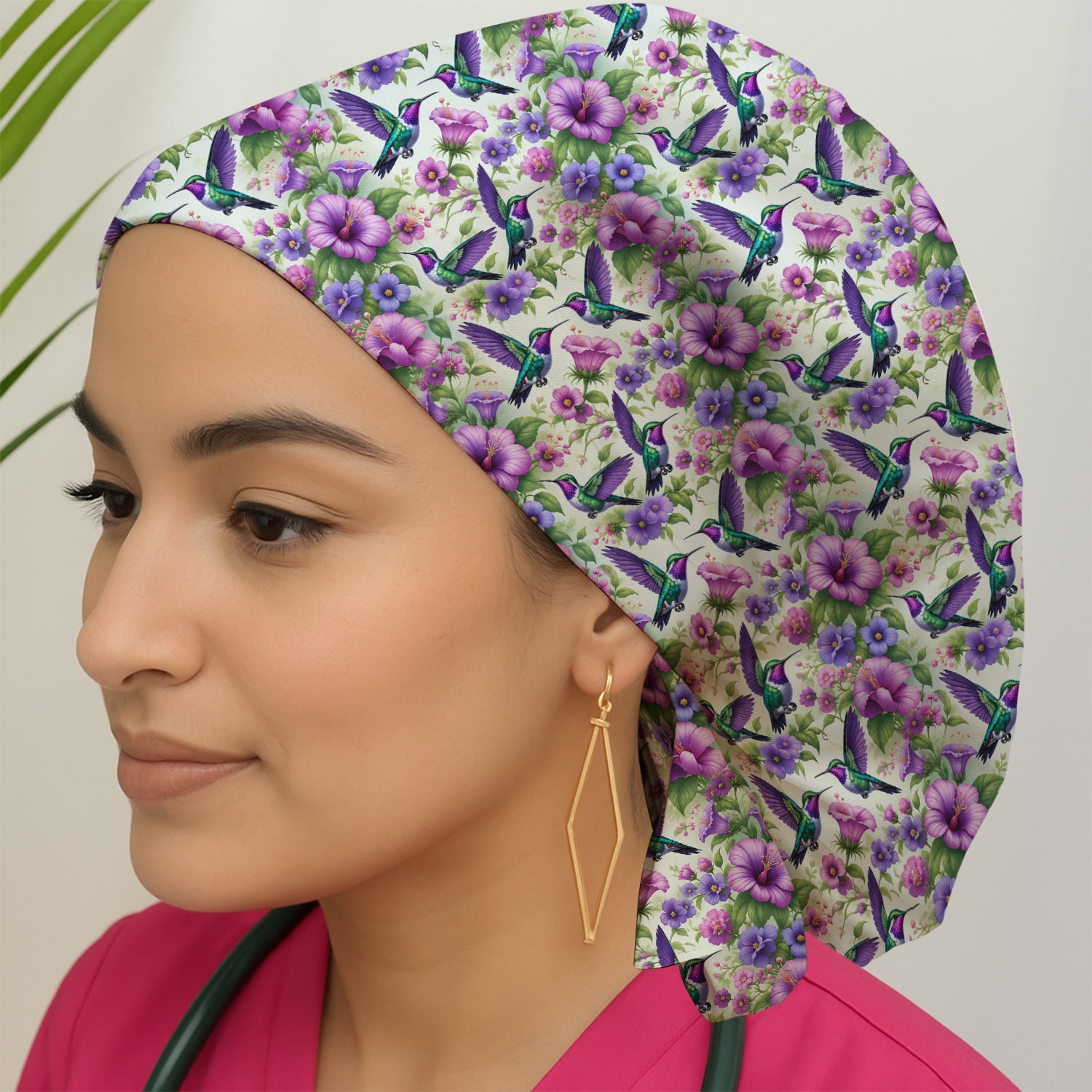 Purple Hummingbird Hibiscus Floral Pattern Scrub Cap, Surgical Caps for Doctors
