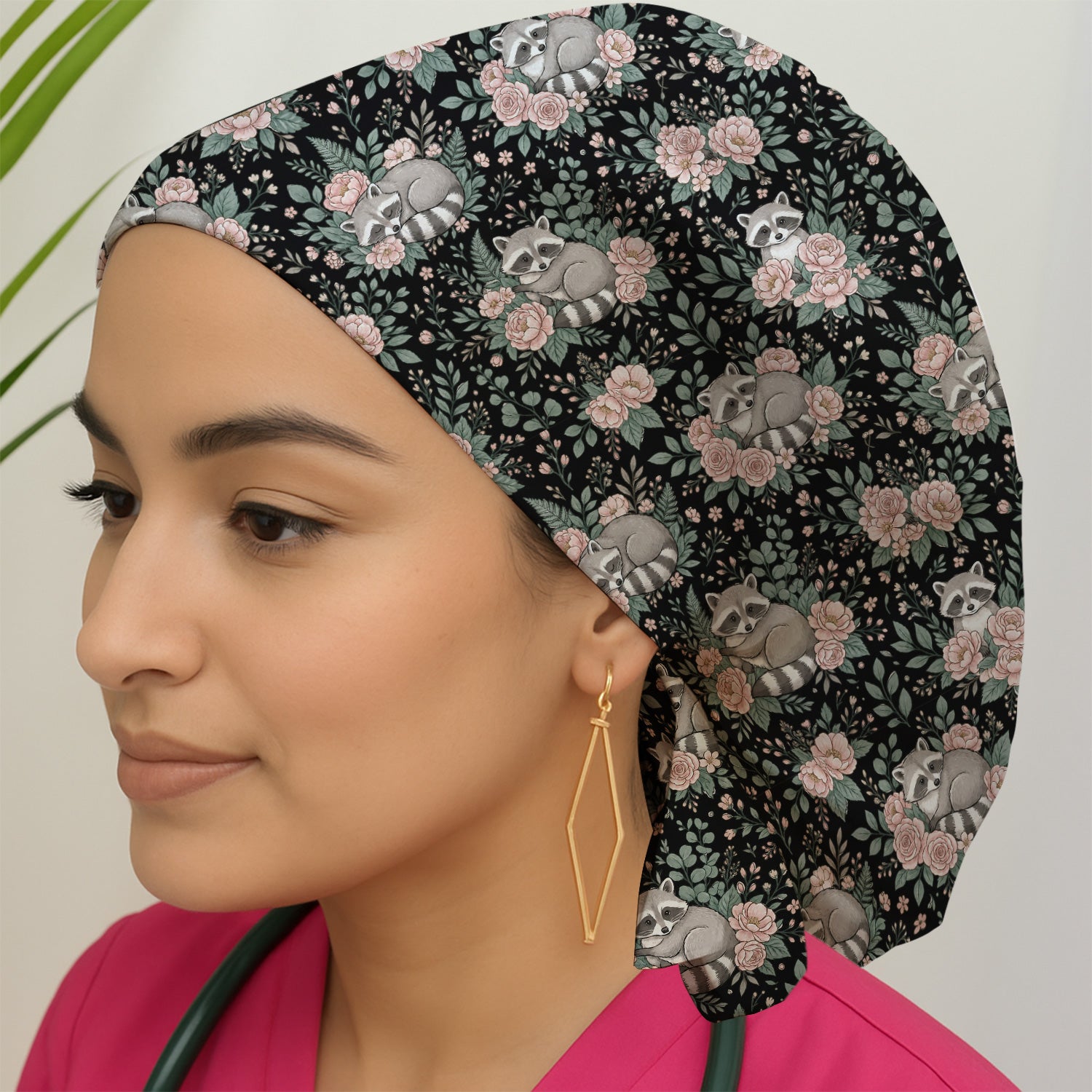 Sleeping Raccoon Rose Garden Pattern Cap, Bouffant Scrub Caps for Women