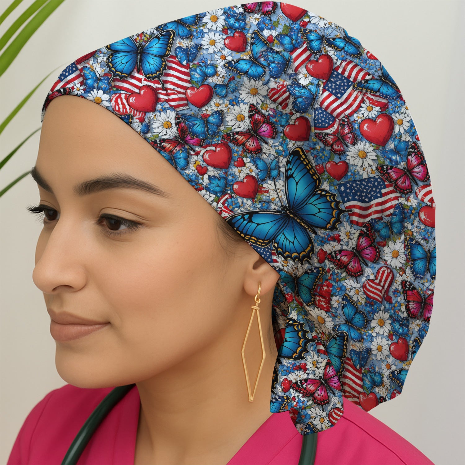 Festive Patriotic Butterfly Heart Floral Pattern Nurse Scrub Cap, Surgical Caps for Doctors