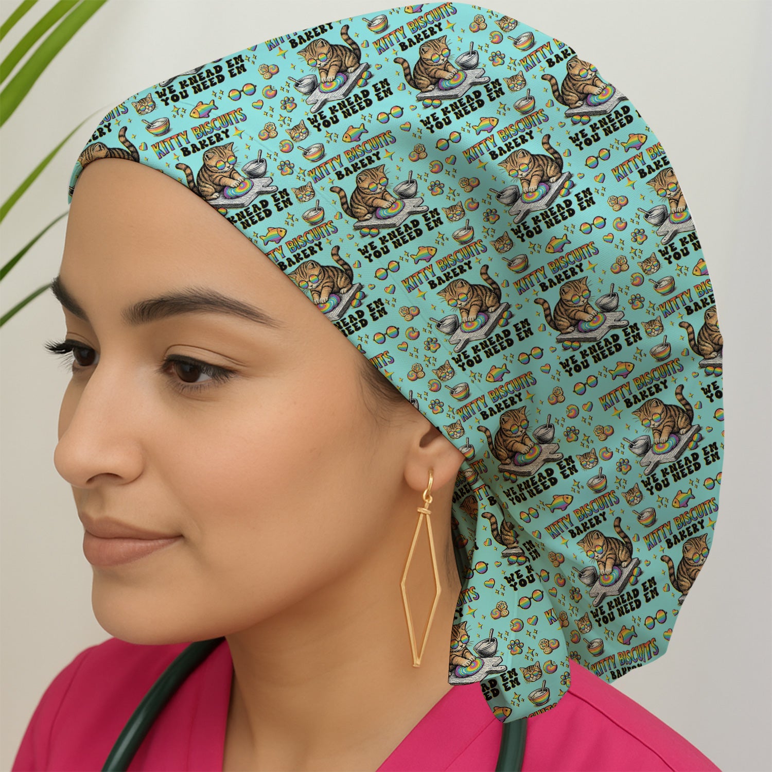 Pride Nurse Cat Baking Rainbow Dough Pattern Cap, Bouffant Scrub Caps for Women