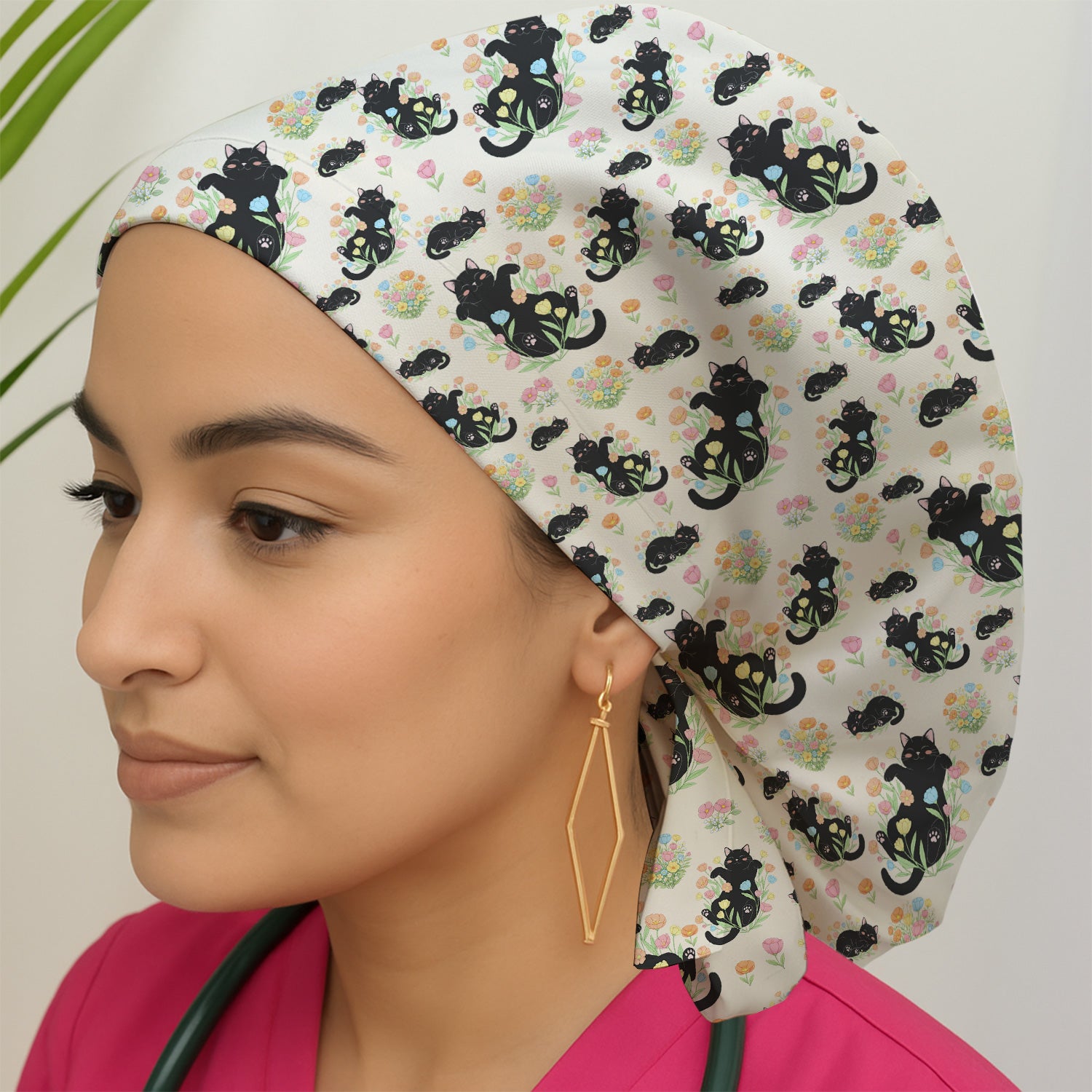 Cats With Cute Poses Floral Pattern Caps, Bouffant Scrub Caps for Women