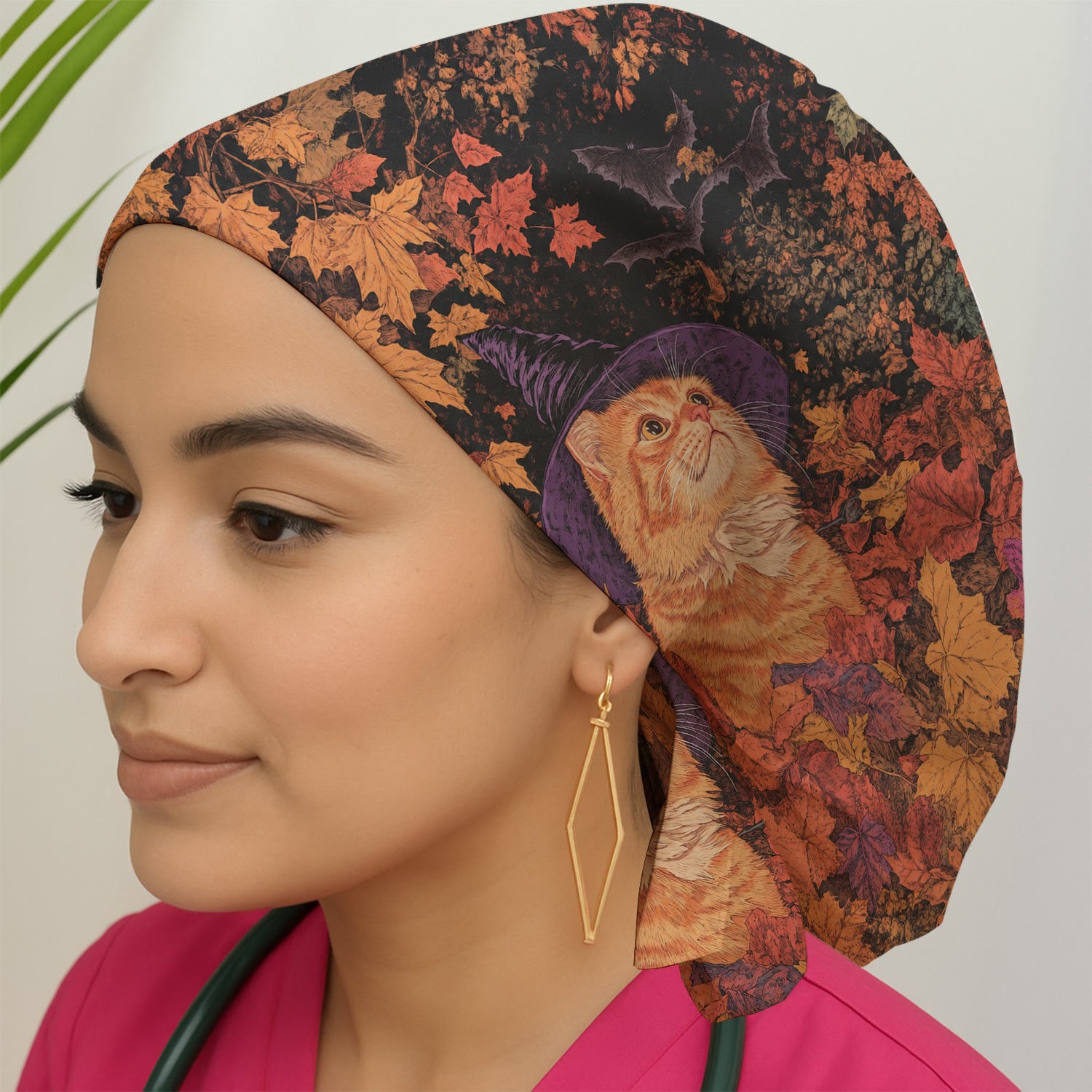 Autumn Cat with Fall Leaves Scrub Cap, Surgical Caps for Doctors
