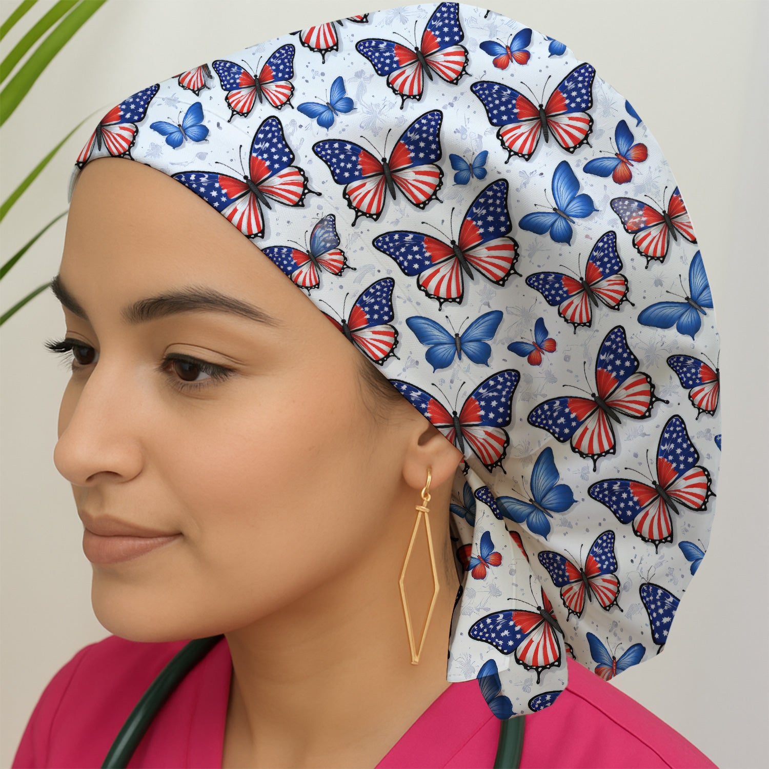 Charming Patriotic Butterfly Star Pattern Scrub Cap, Breathable Fabrics Caps Uniform