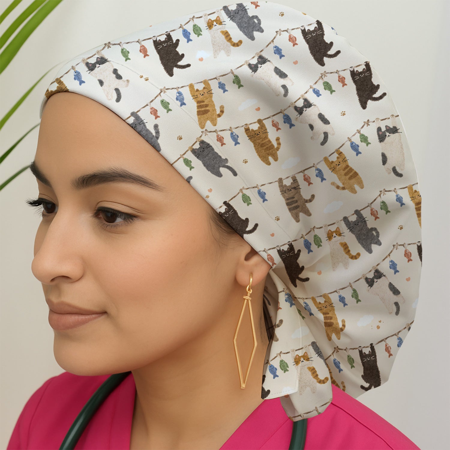Cute Hanging Cat Fishline Pattern Scrub Cap, Surgical Caps for Doctors