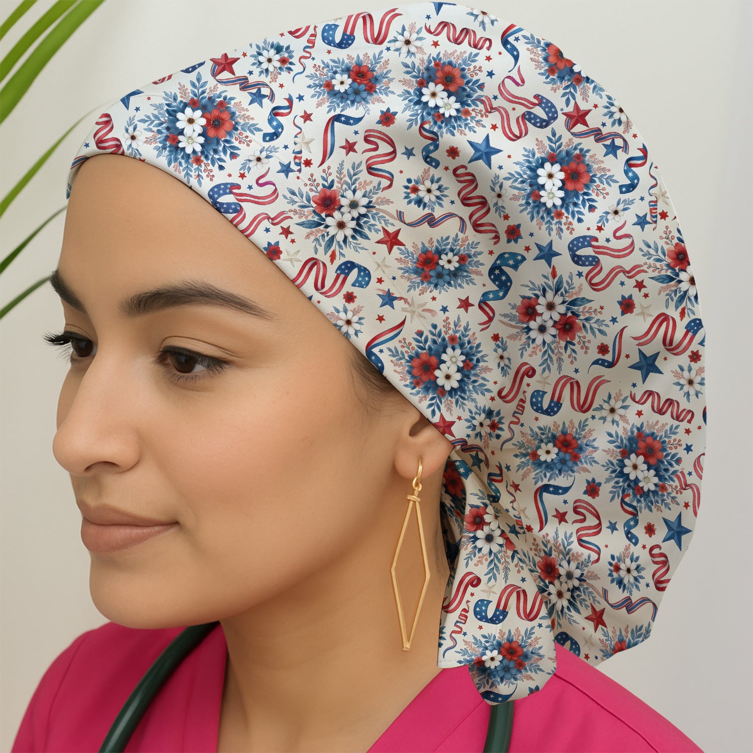 Patriotic Floral Ribbon Nurse for RN & CNA, Americana Healthcare Workers Uniform Scrub Cap, Surgical Caps for Doctors