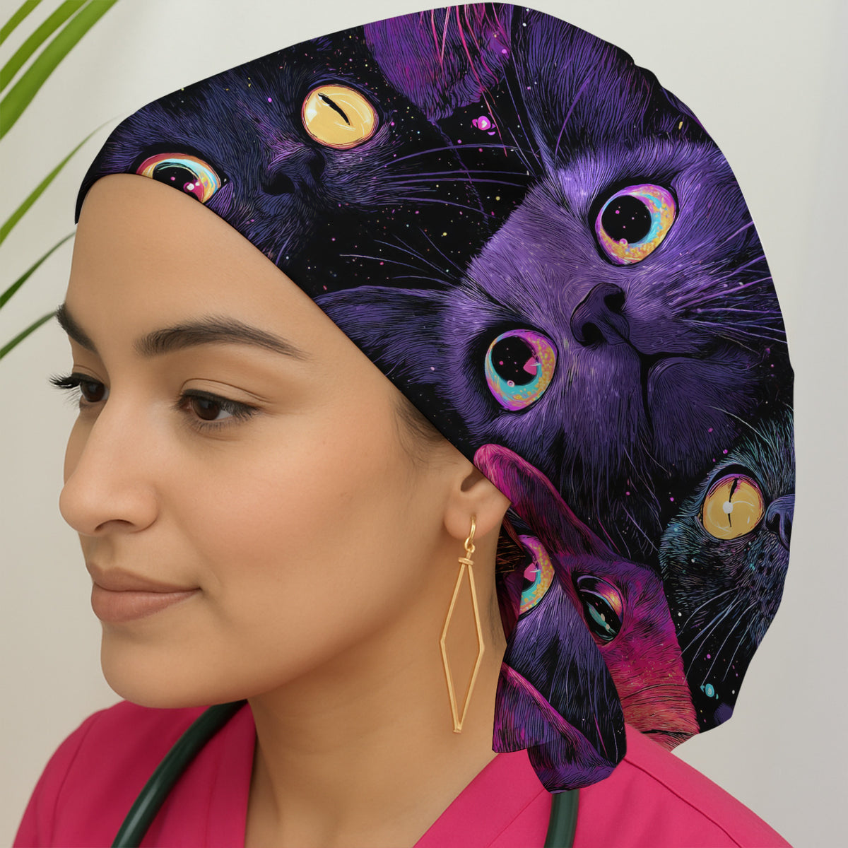Colorful Neon Cat Faces Scrub Cap, Surgical Caps for Nurses