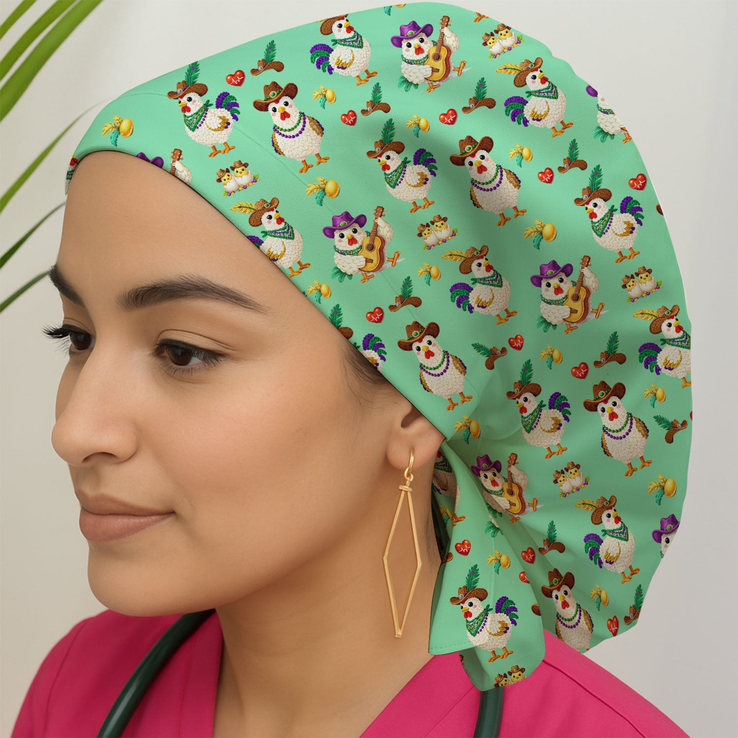 Funny Mardi Gras Rooster Cowboy Print Cap, Bouffant Scrub Caps for Women