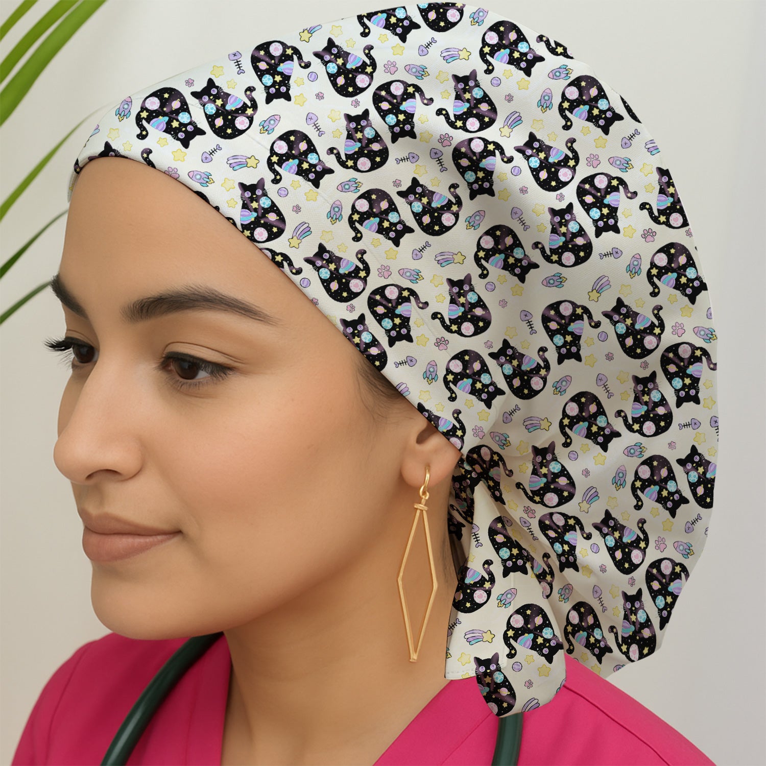 Galaxy Black Cat Space Pattern Scrub Cap, Surgical Caps for Doctors