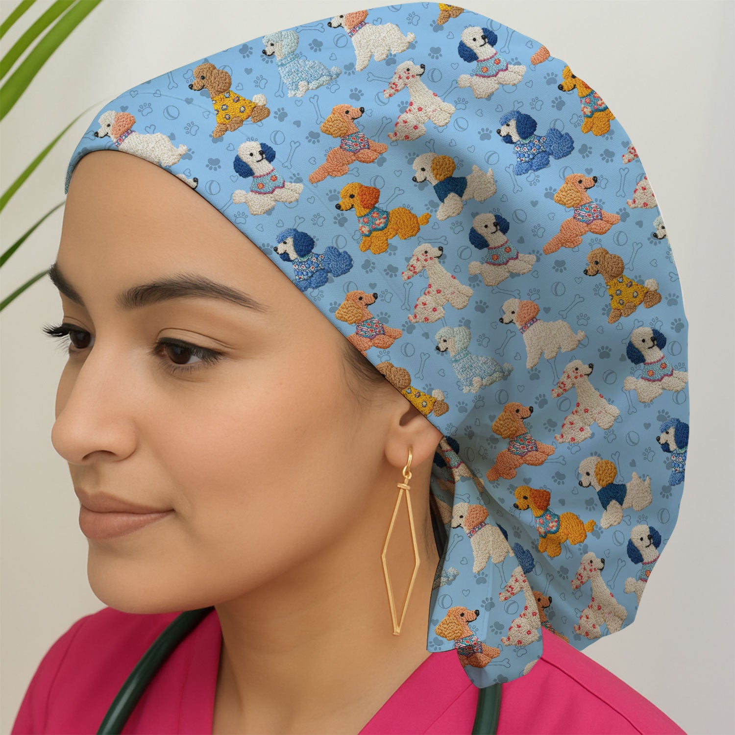 Cute Colorful Poodle Pattern Scrub Cap, Breathable Fabrics Caps Uniform