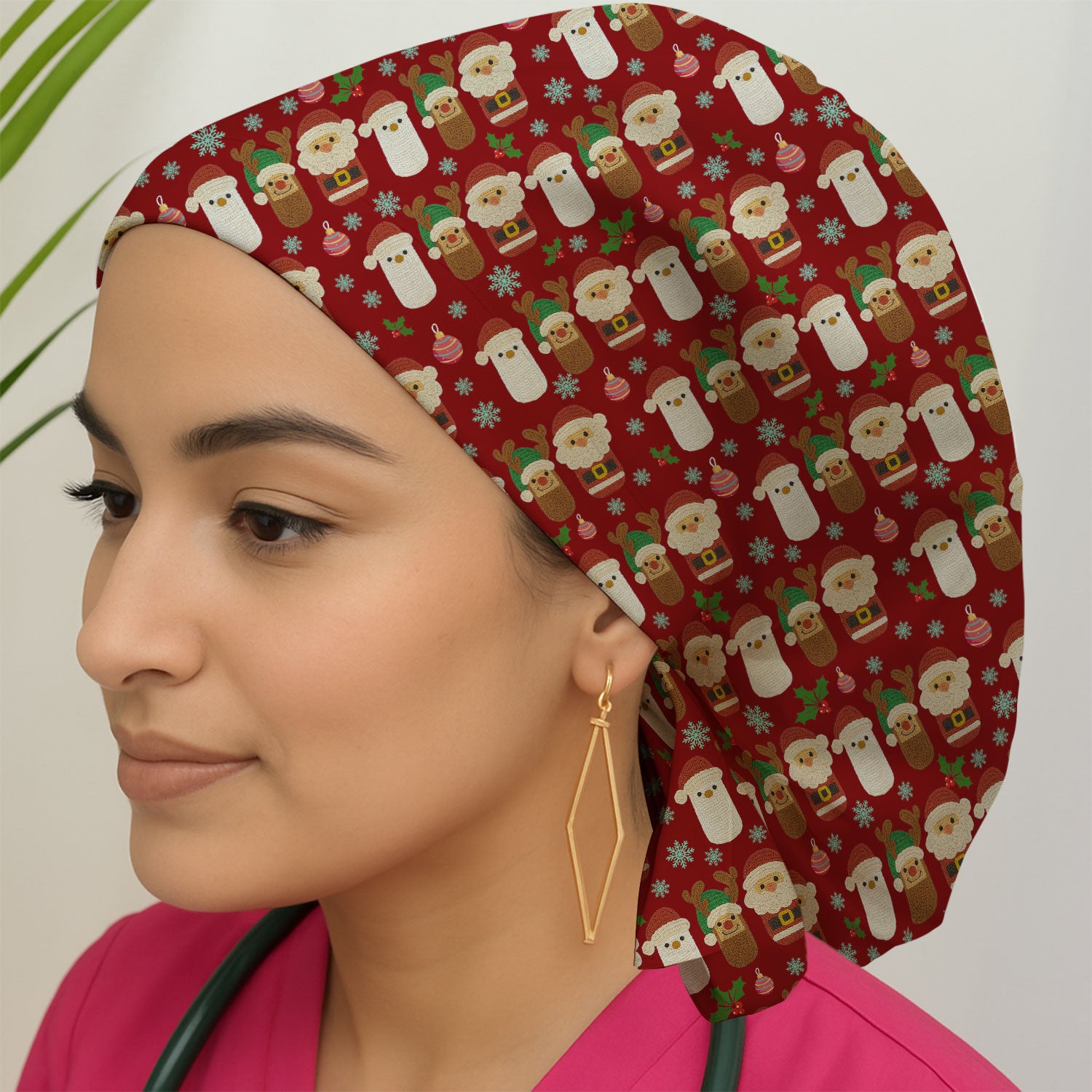 Christmas Santa Reindeer Snowman Bouffant Scrub Caps for Women - Holiday Chill Pill Caps for Nurses