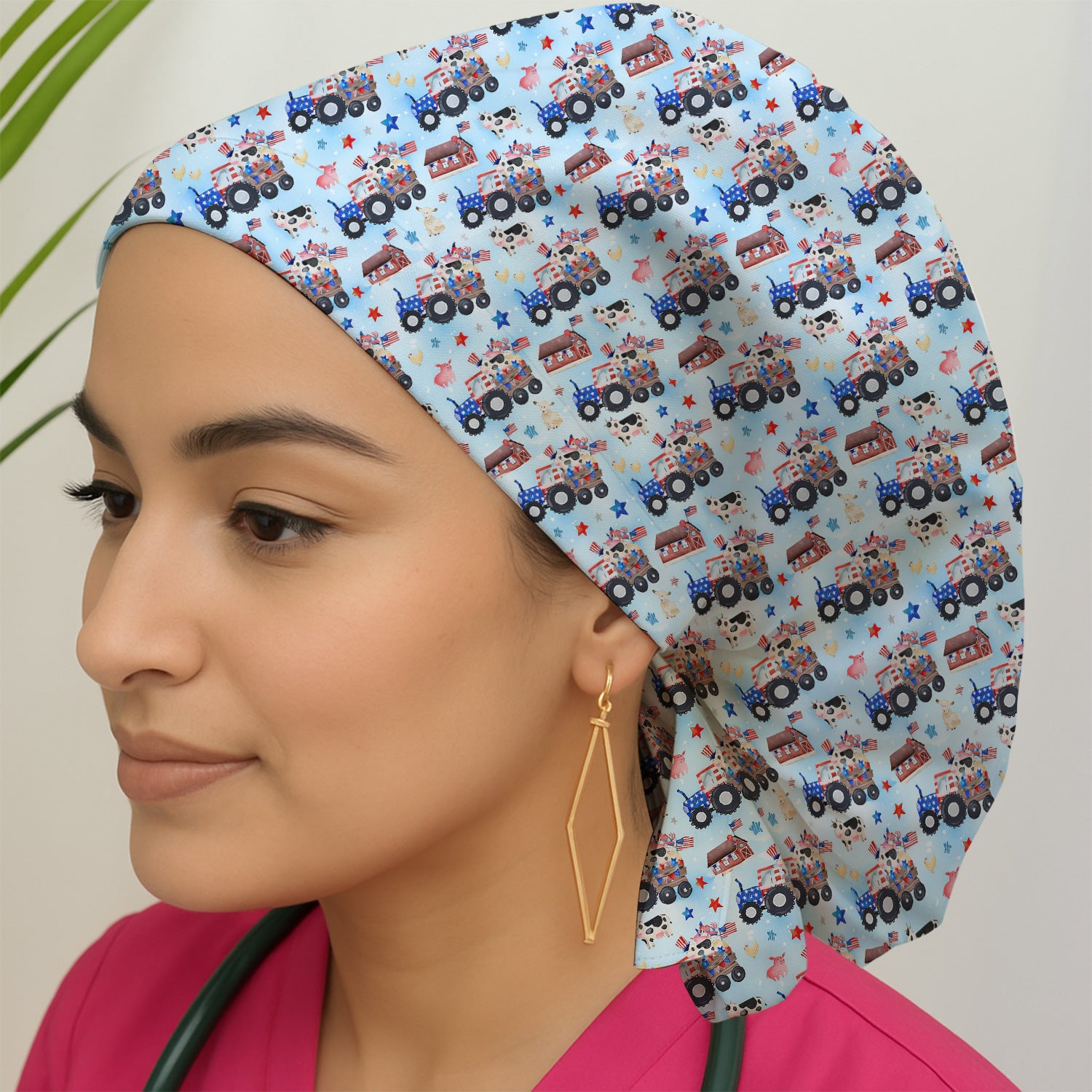 Patriotic Cow Tractor Farm Stars Pattern Scrub Cap, Bouffant Scrub Caps for Women