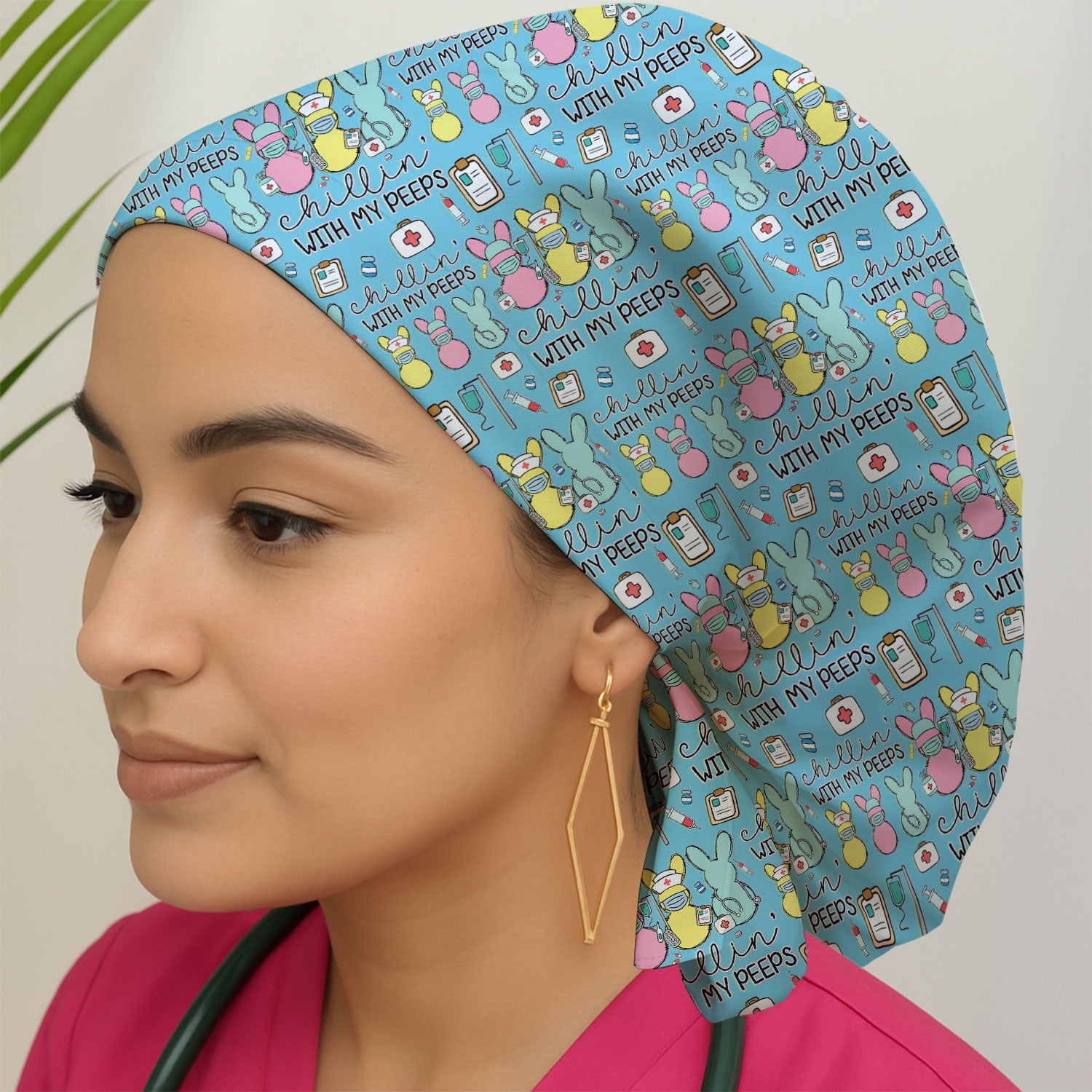 Cute Bunny Nurse Chillin With My Peeps Cap, Bouffant Scrub Caps for Women