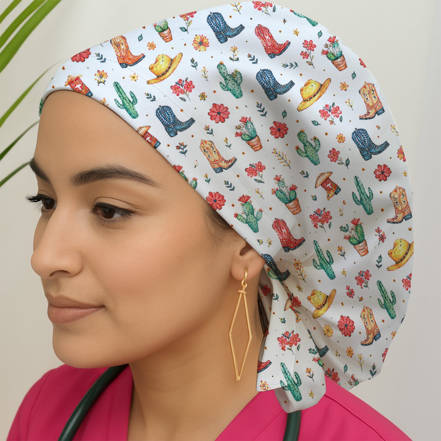 Whimsical Western Cactus Boots Pattern Cap, Bouffant Scrub Caps for Women