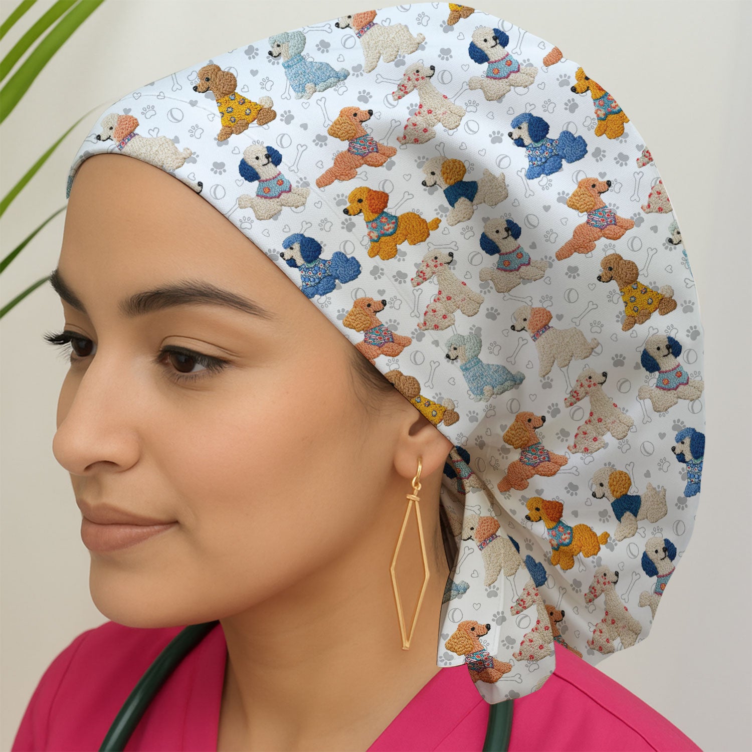 Cute Colorful Poodle Pattern Scrub Cap, Breathable Fabrics Caps Uniform