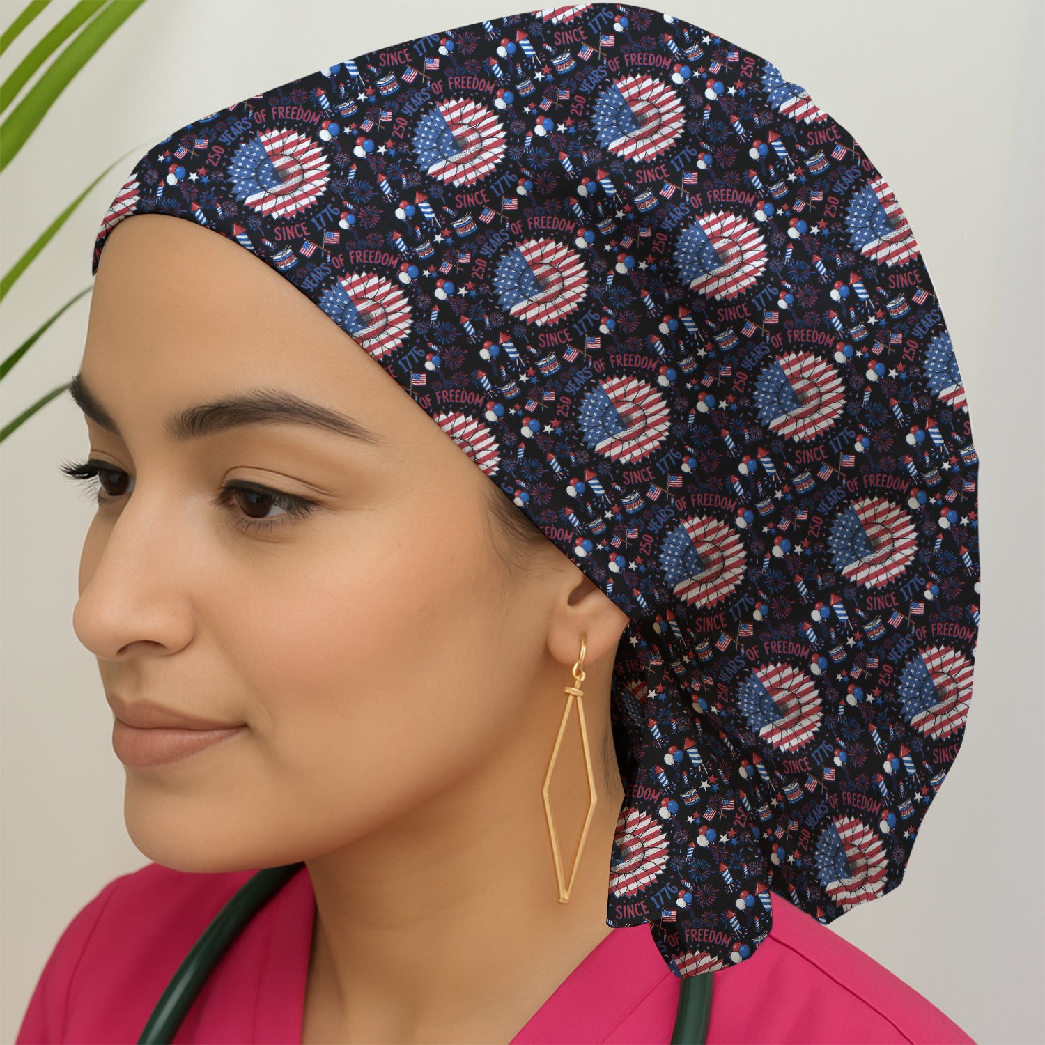 Festive Patriotic Sunflower American Flag Fireworks Pattern Scrub Cap, Surgical Caps for Doctors