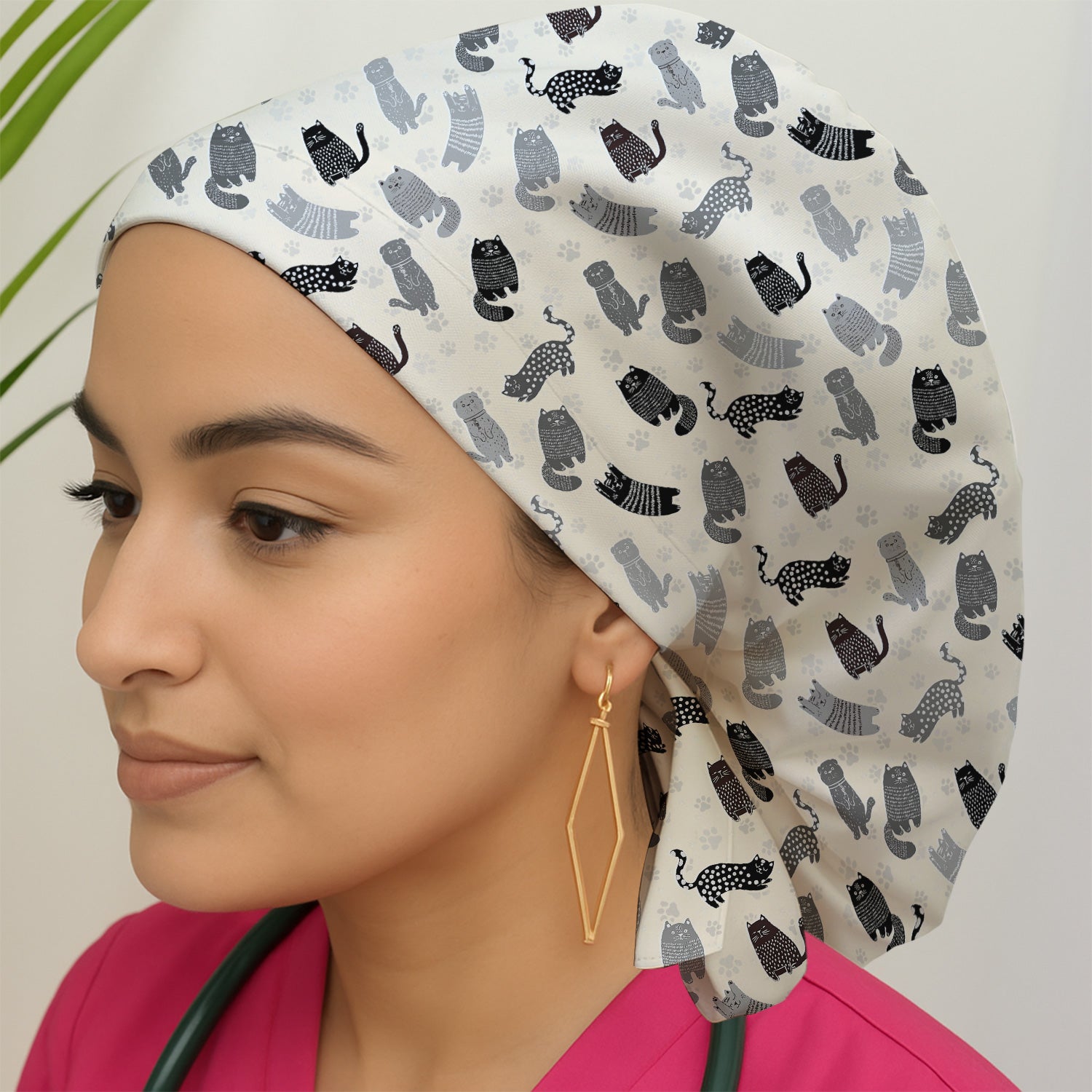 Cute Cat and Paw Print Pattern Scrub Cap, Surgical Caps for Doctors