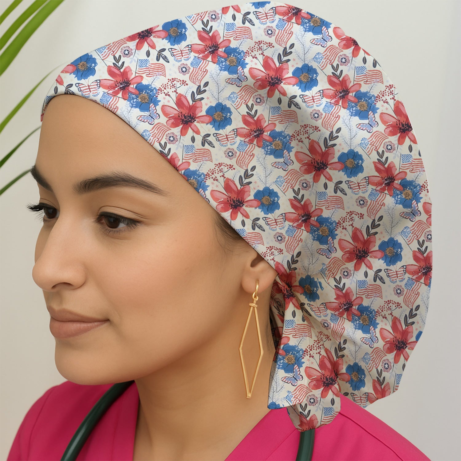 Patriotic Wildflower Flag Butterfly Pattern Scrub Cap, Surgical Caps for Doctors