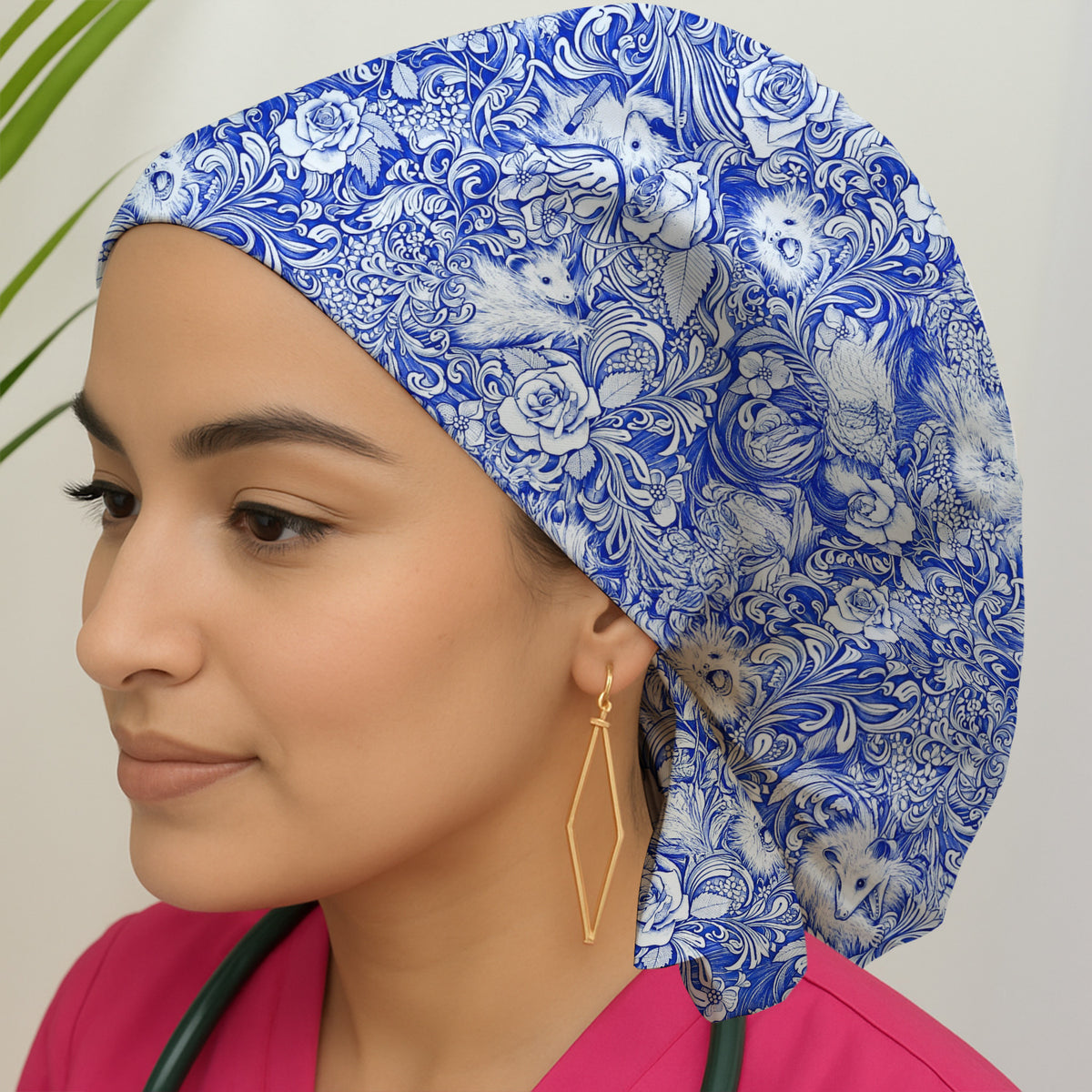 Blue Floral Opossum and Roses Scrub Cap, Surgical Caps for Doctors