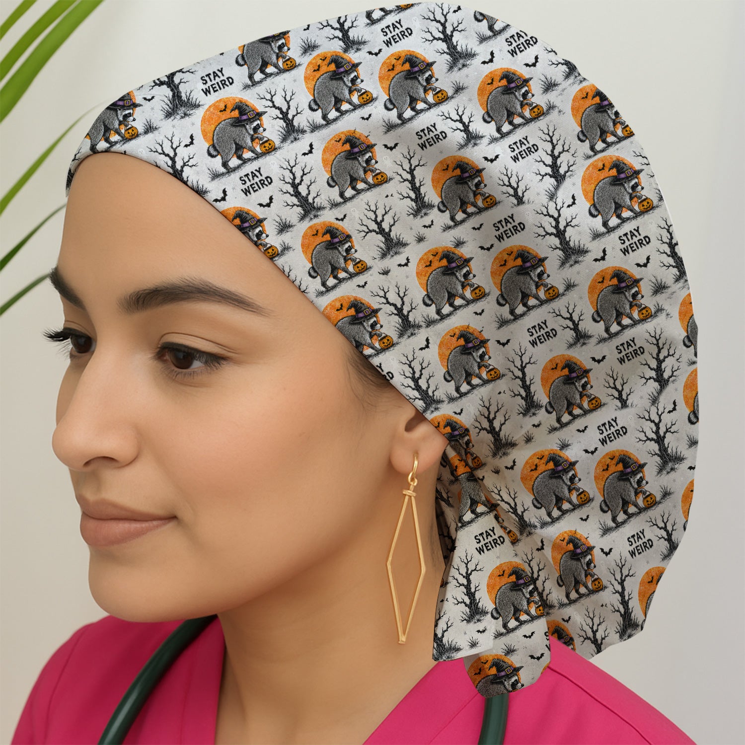 Funny Stay Weird Halloween Raccoon Scrub Cap, Surgical Caps for Doctors