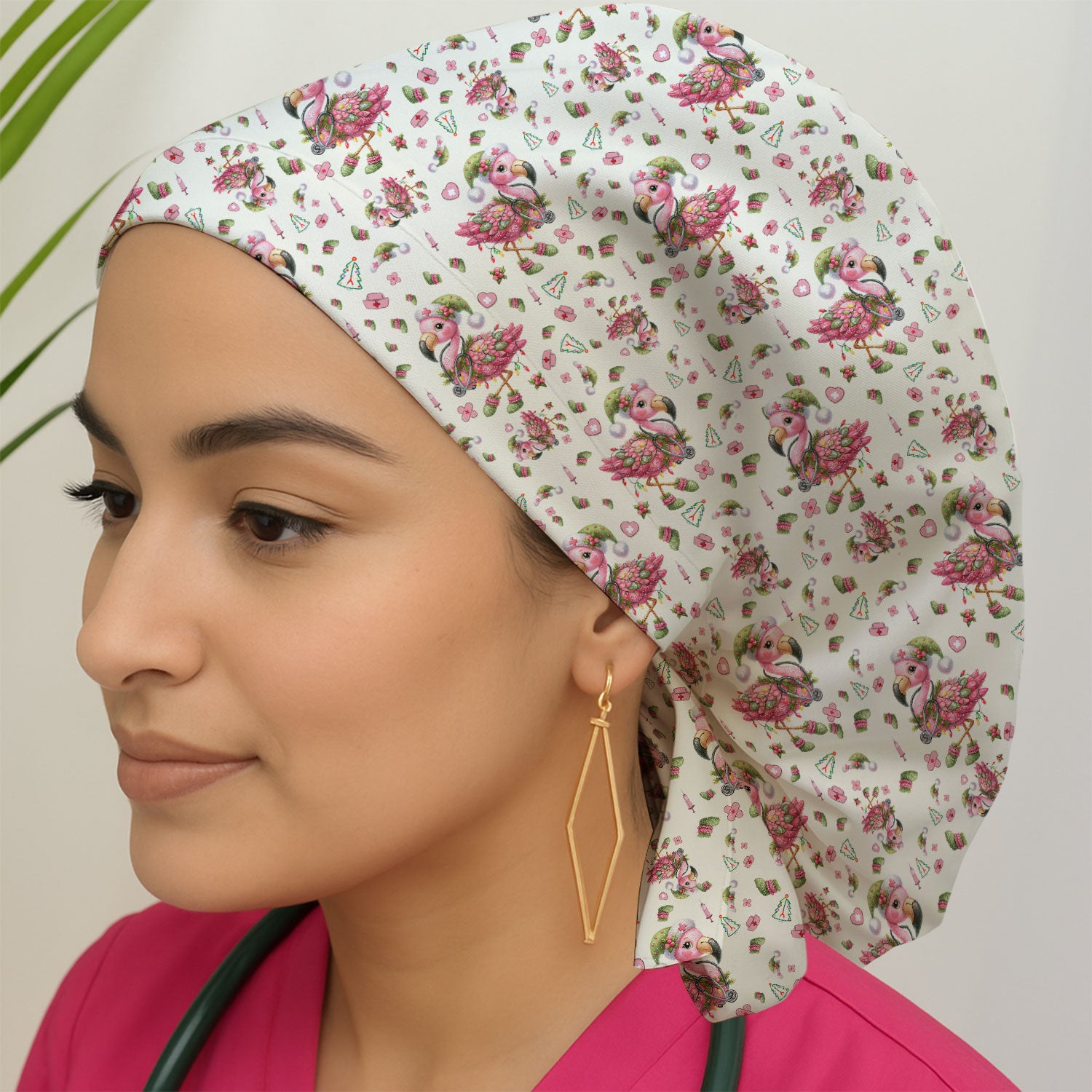 Flamingo Bouffant Scrub Caps for Women - Christmas Holiday Nursing Gift - Breathable Fabrics Caps Uniform