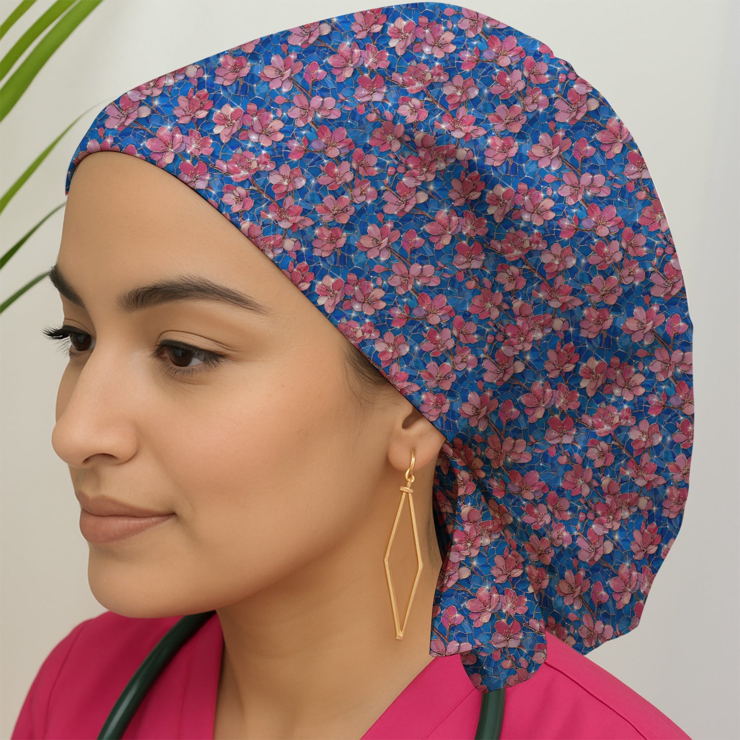Pink Cherry Blossom Floral Pattern Surgical Cap, Breathable Fabrics Caps Uniform