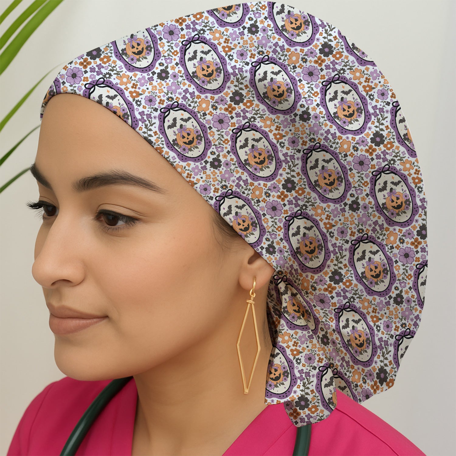 Halloween Pumpkin with Floral Print Scrub Cap, Surgical Caps for Doctors