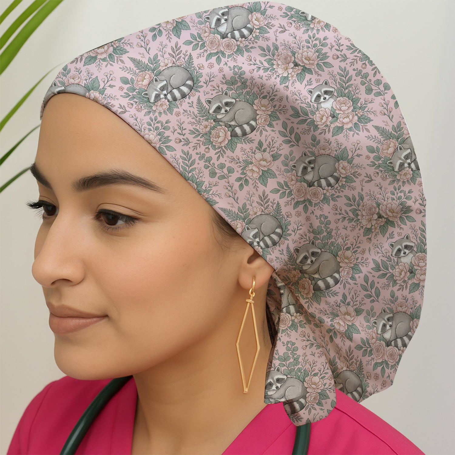 Sleeping Raccoon Rose Garden Pattern Cap, Bouffant Scrub Caps for Women
