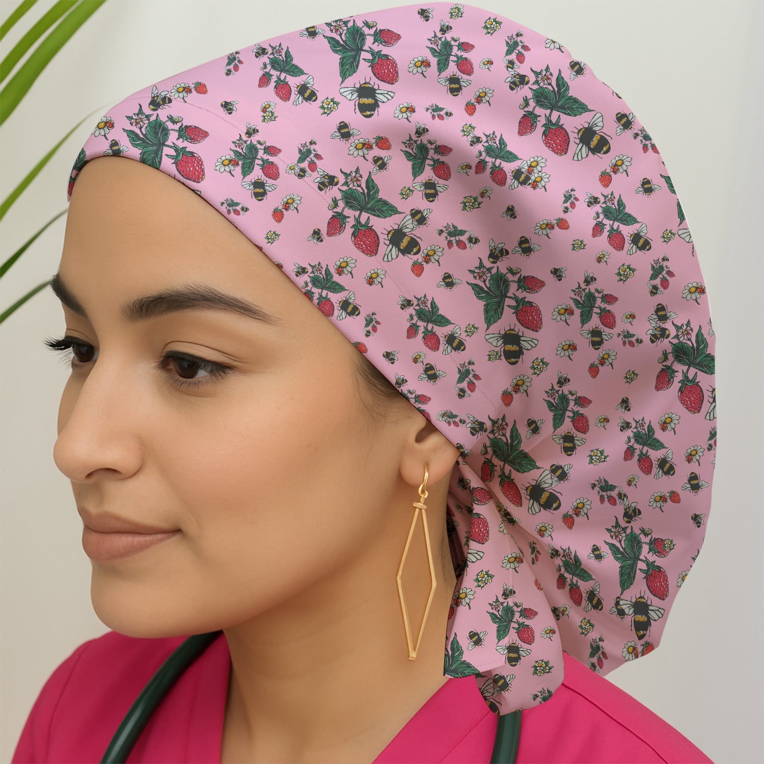 Cute Strawberry Bee Daisy Floral Pattern Scrub Cap, Bouffant Scrub Caps for Women
