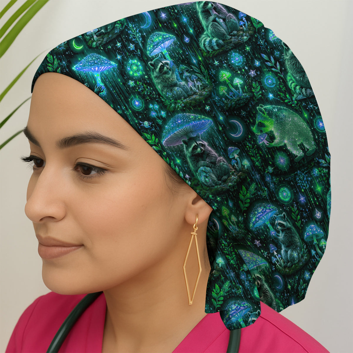 Glowing Raccoon Forest Pattern Scrub Cap, Surgical Caps for Doctors