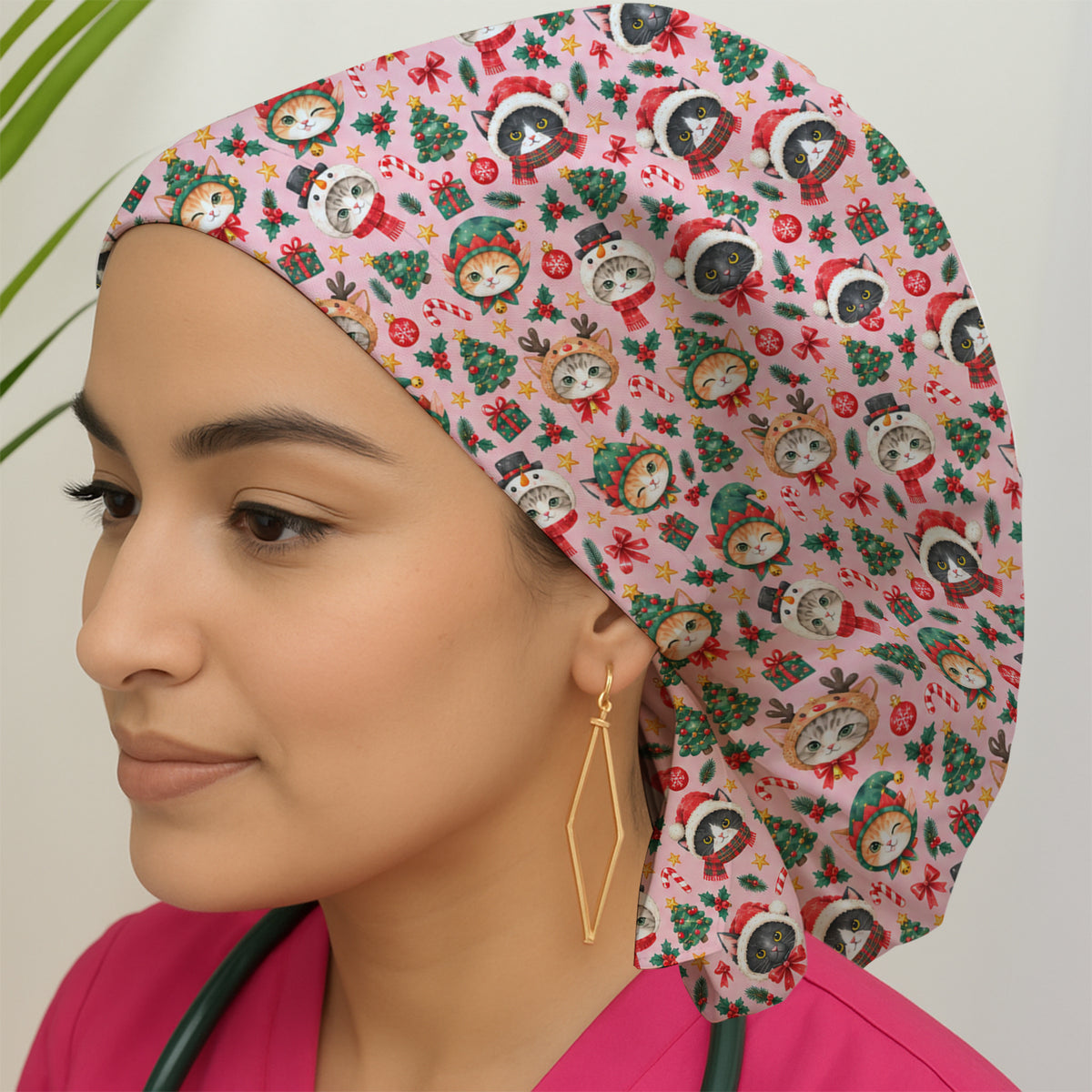 Christmas Cats And Trees Pattern Scrub Cap, Kawaii Medical Pattern Hat, Breathable Fabrics Nursing Uniform